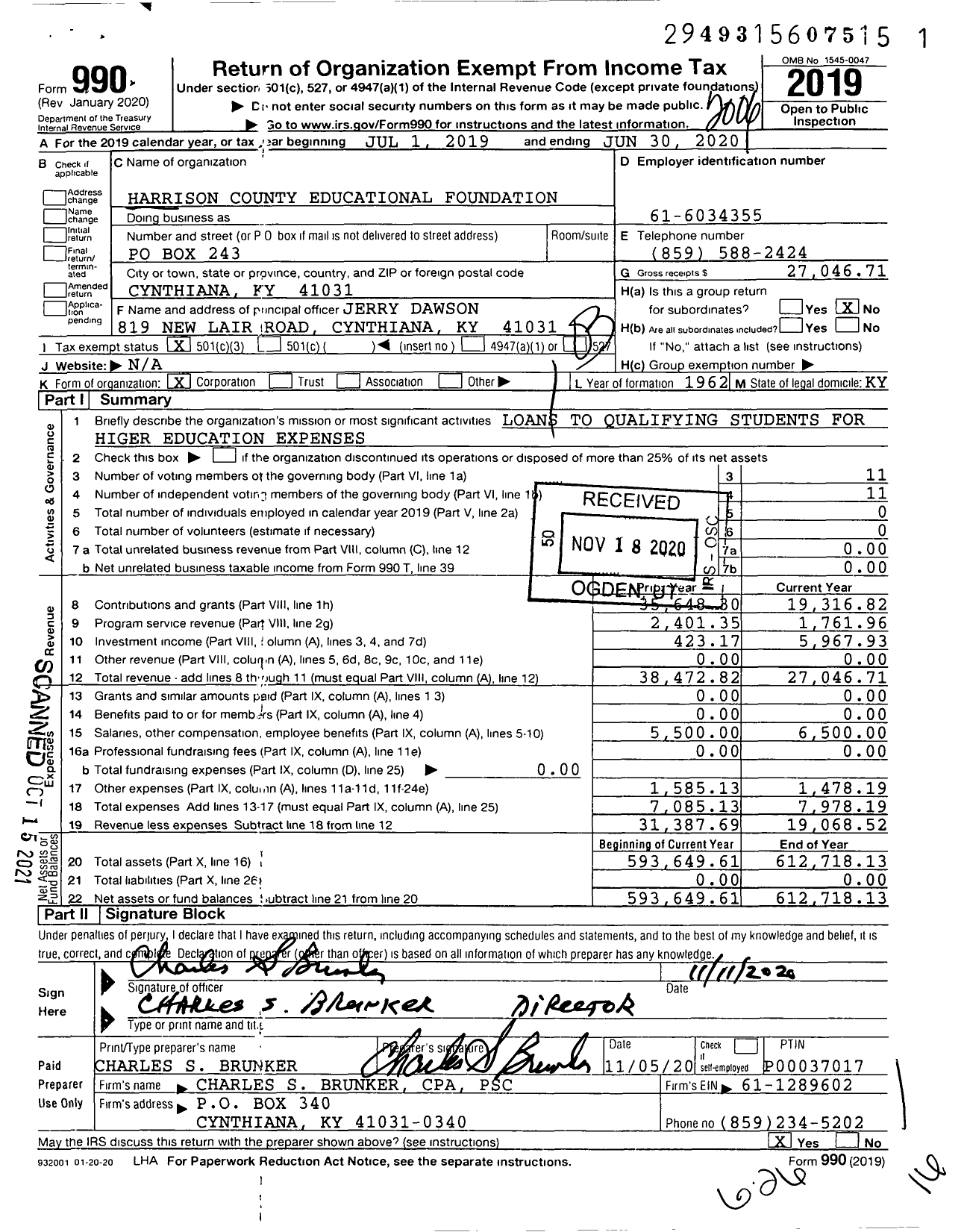 Image of first page of 2019 Form 990 for Harrison County Educational Foundation