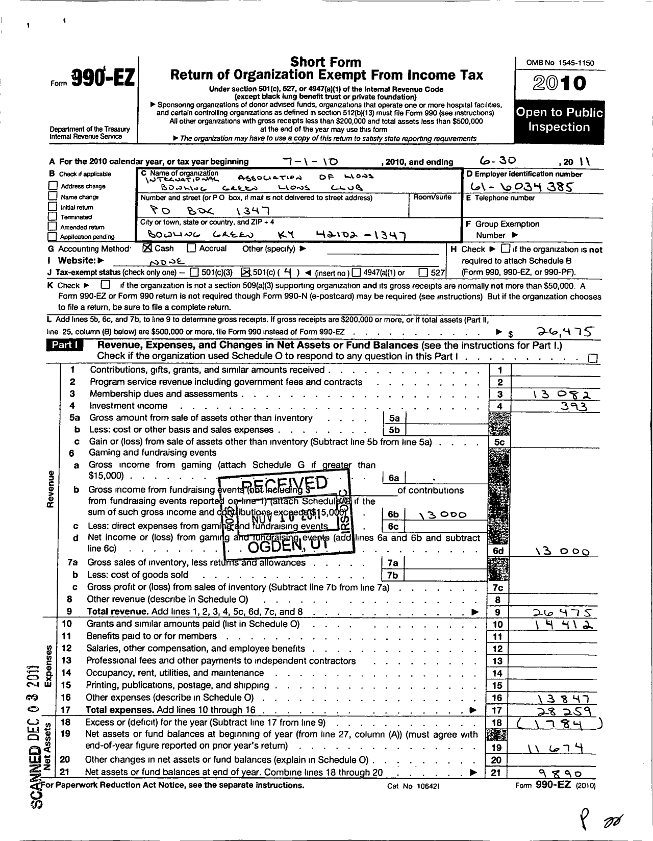 Image of first page of 2010 Form 990EO for Lions Clubs - 13953 Bowling Green Evening