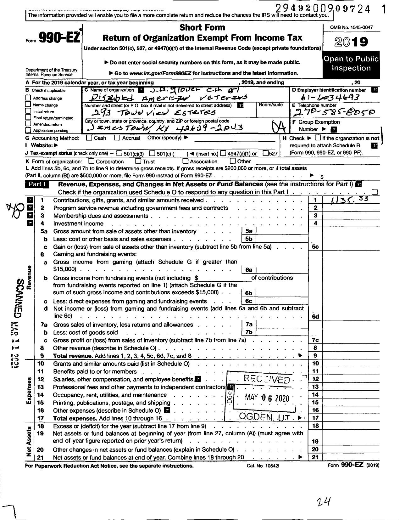 Image of first page of 2019 Form 990EO for Disabled American Veterans - 51 JB Glover