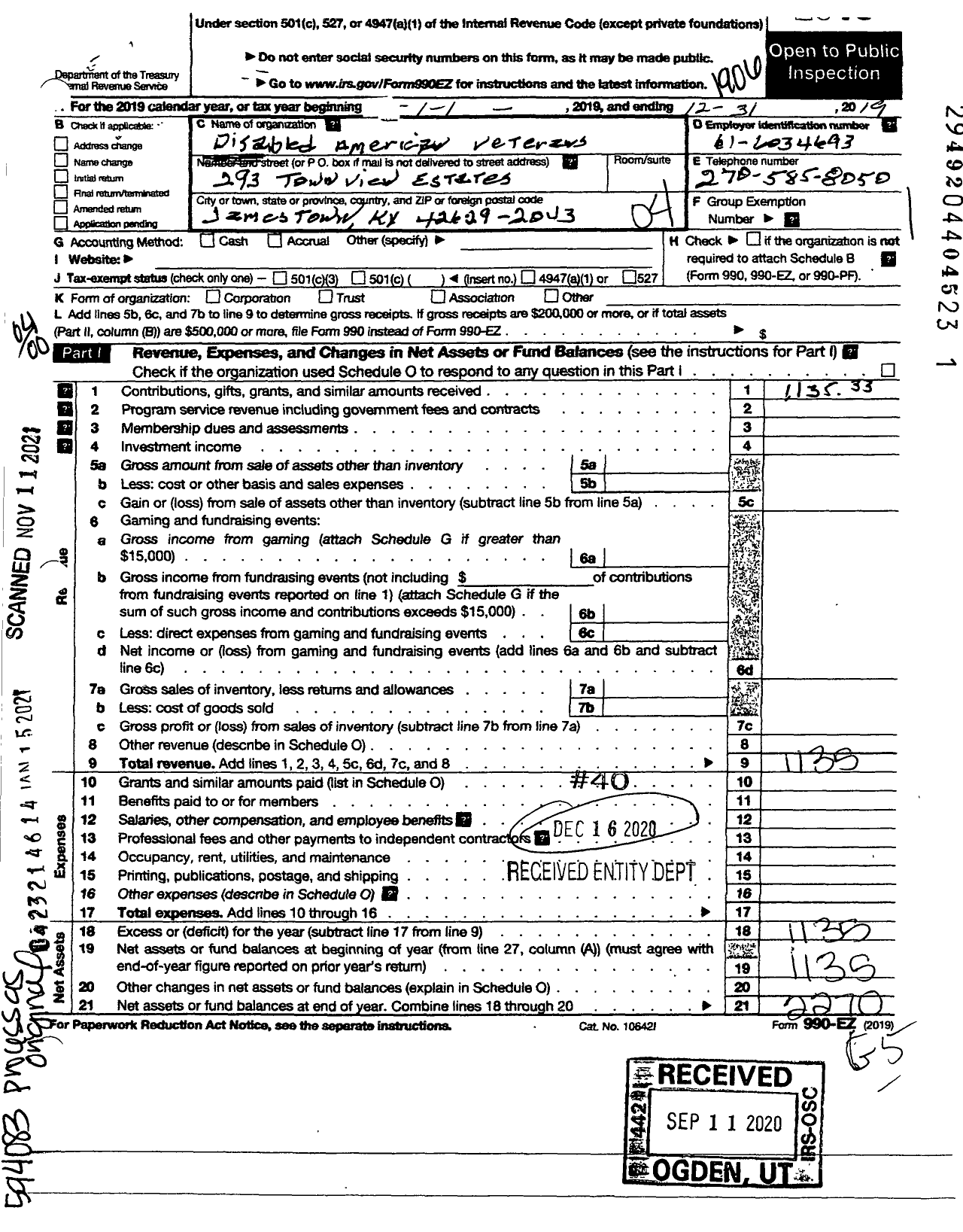 Image of first page of 2018 Form 990EO for Disabled American Veterans - 51 JB Glover