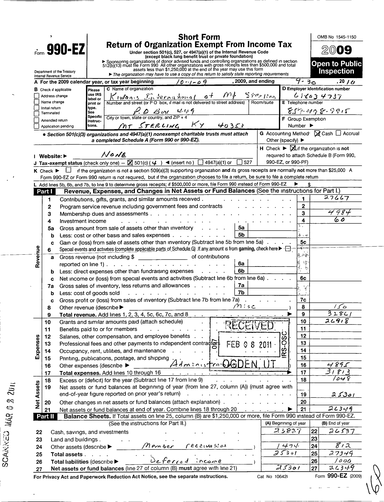 Image of first page of 2009 Form 990EO for Kiwanis International - K03281 Mount Sterling