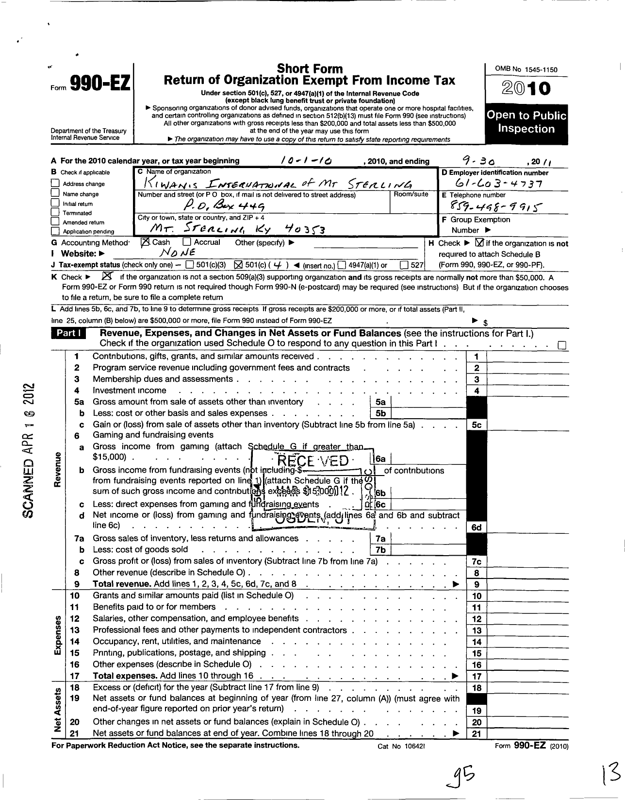 Image of first page of 2010 Form 990EO for Kiwanis International - K03281 Mount Sterling