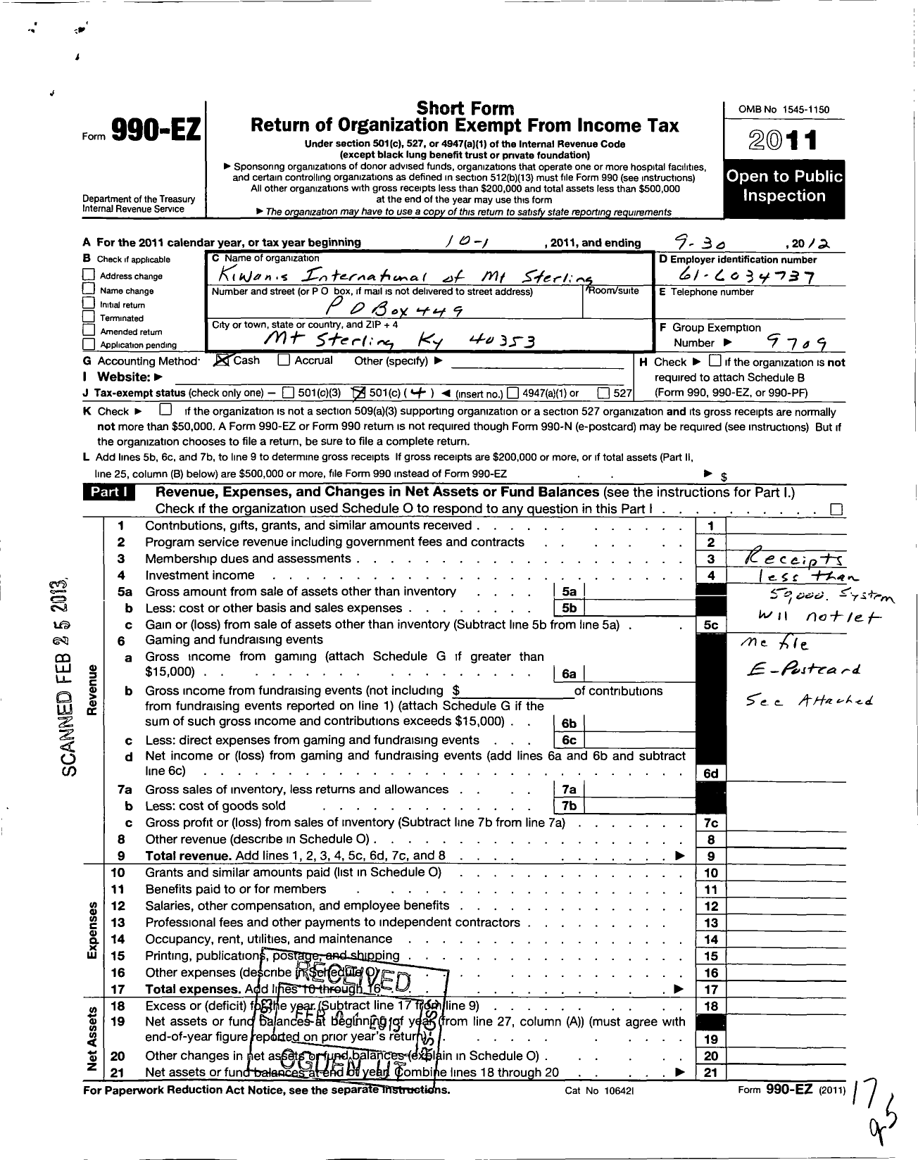 Image of first page of 2011 Form 990EO for Kiwanis International - K03281 Mount Sterling