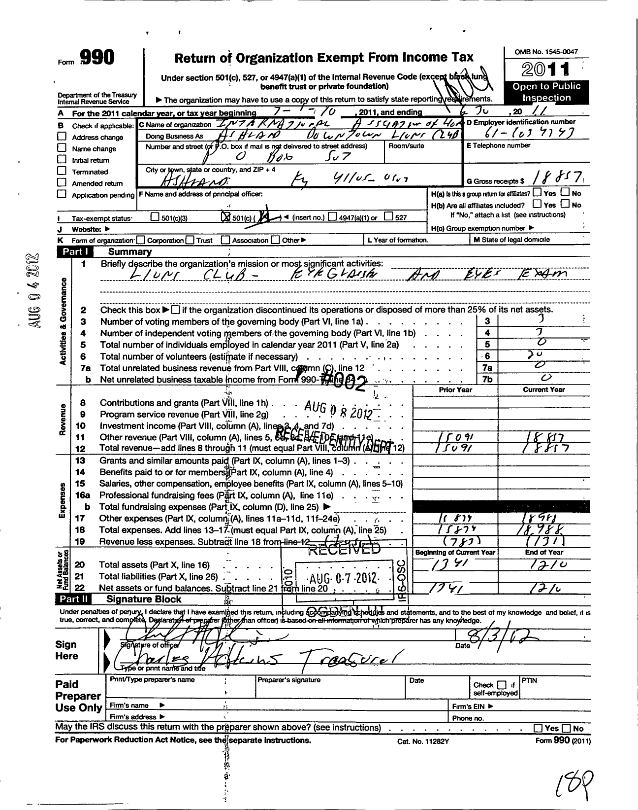 Image of first page of 2010 Form 990O for Lions Clubs - Ashland Downtown Lions Club