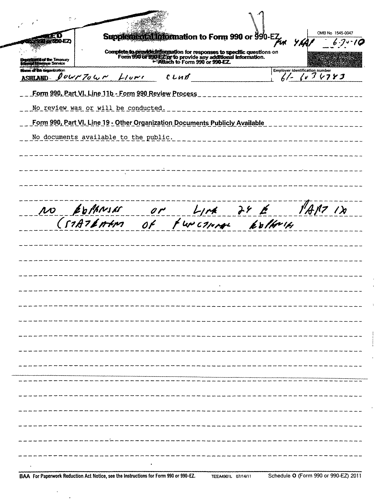 Image of first page of 2009 Form 990OR for Lions Clubs - Ashland Downtown Lions Club