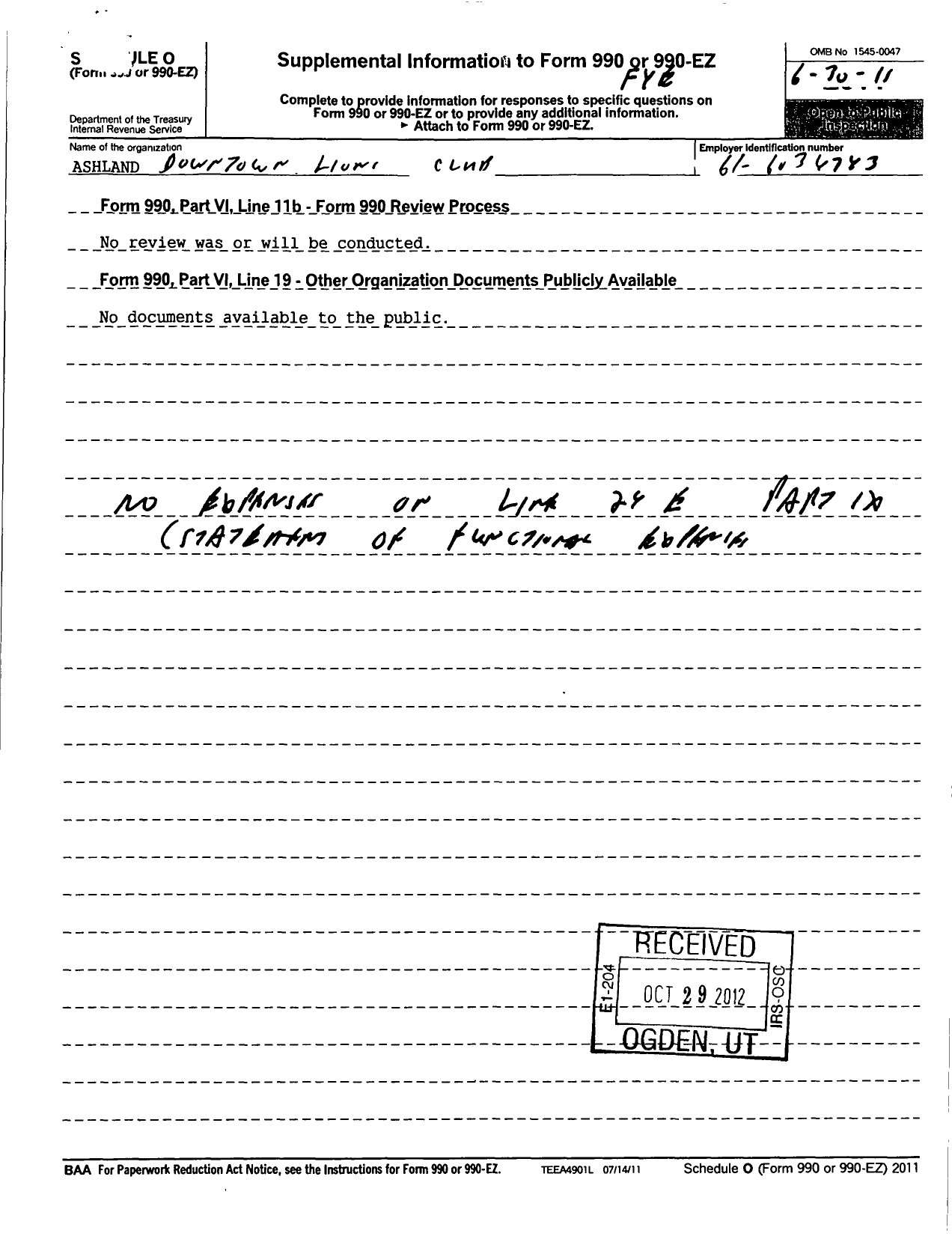 Image of first page of 2010 Form 990OR for Lions Clubs - Ashland Downtown Lions Club