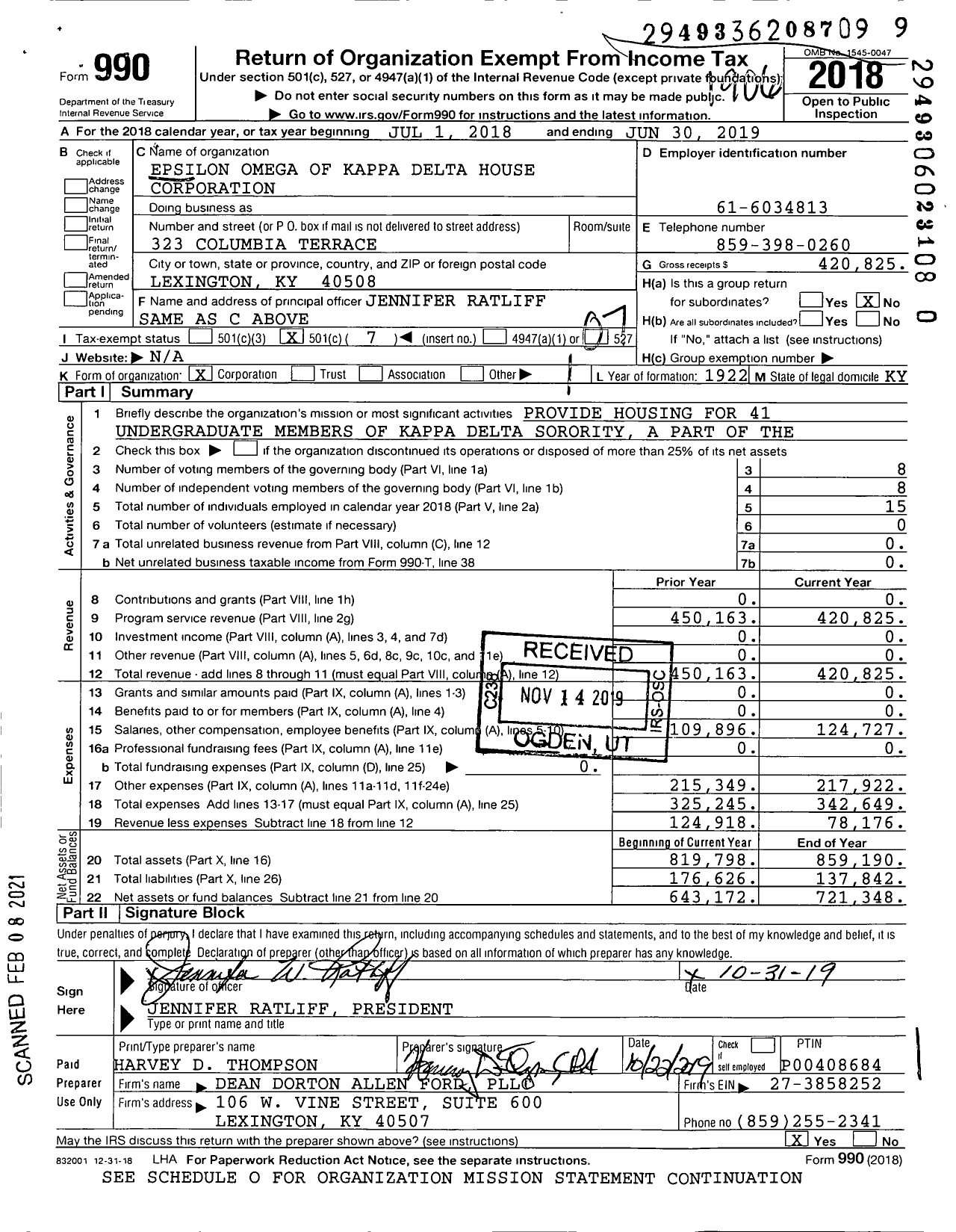 Image of first page of 2018 Form 990O for Epsilon Omega of Kappa Delta House Corporation