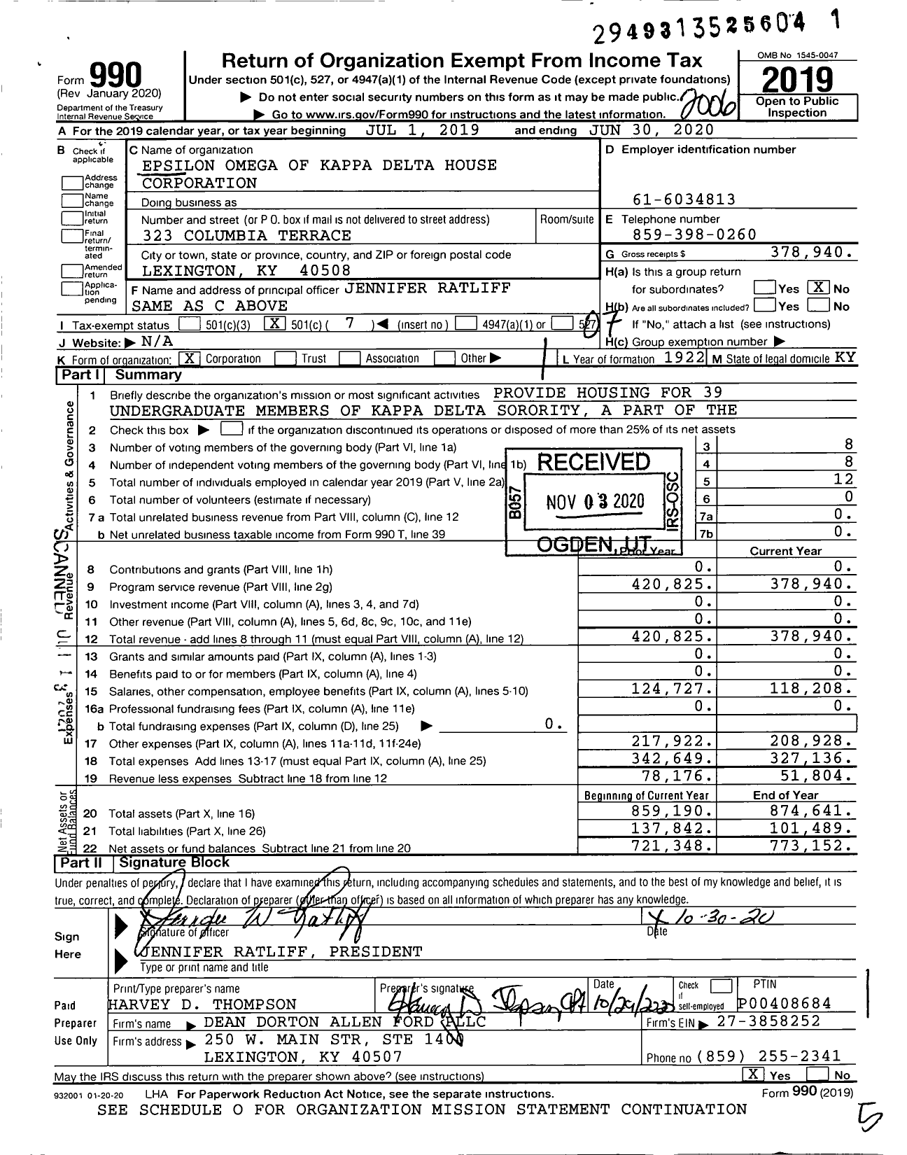 Image of first page of 2019 Form 990O for Epsilon Omega of Kappa Delta House Corporation