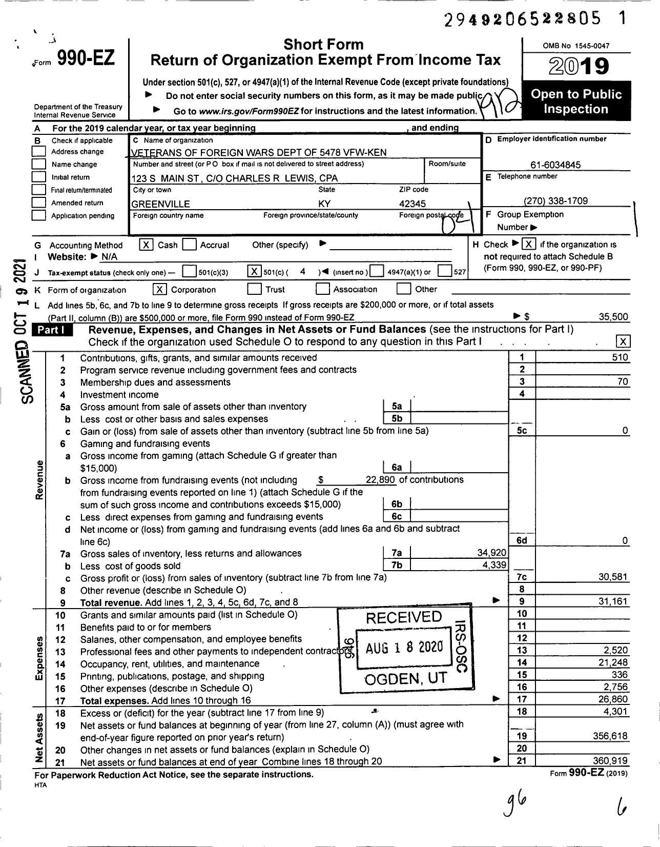 Image of first page of 2019 Form 990EO for Veterans of Foreign Wars Dept of Kentucky - 5478 Vfw-Ken