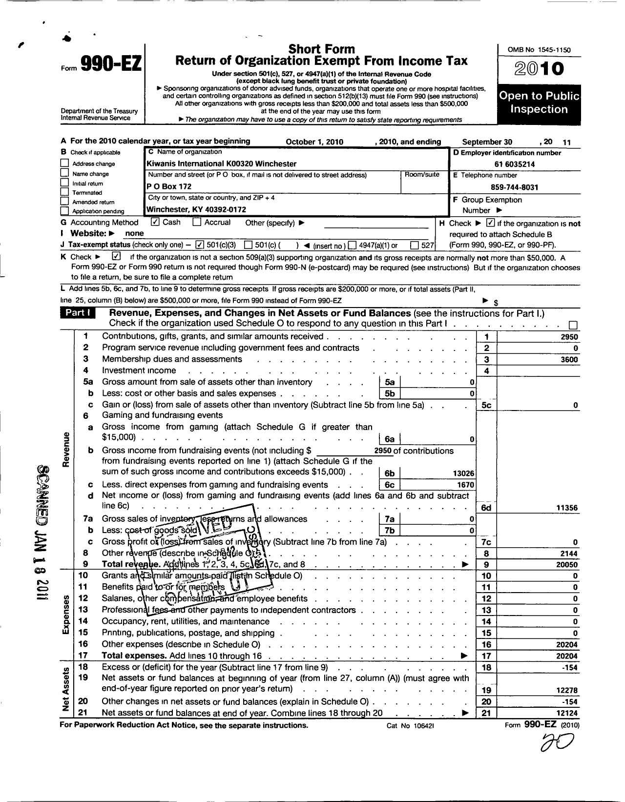 Image of first page of 2010 Form 990EZ for Kiwanis International - K00320 Winchester