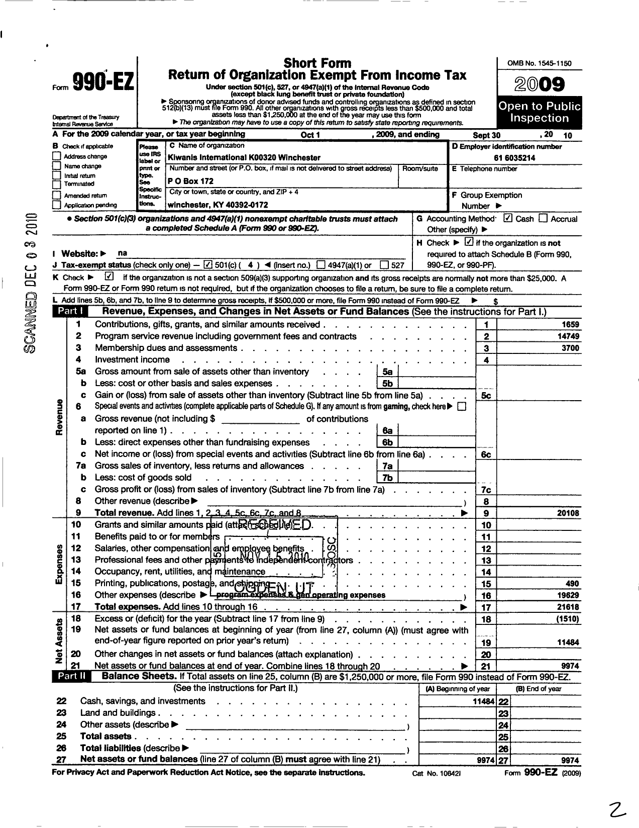 Image of first page of 2009 Form 990EO for Kiwanis International - K00320 Winchester