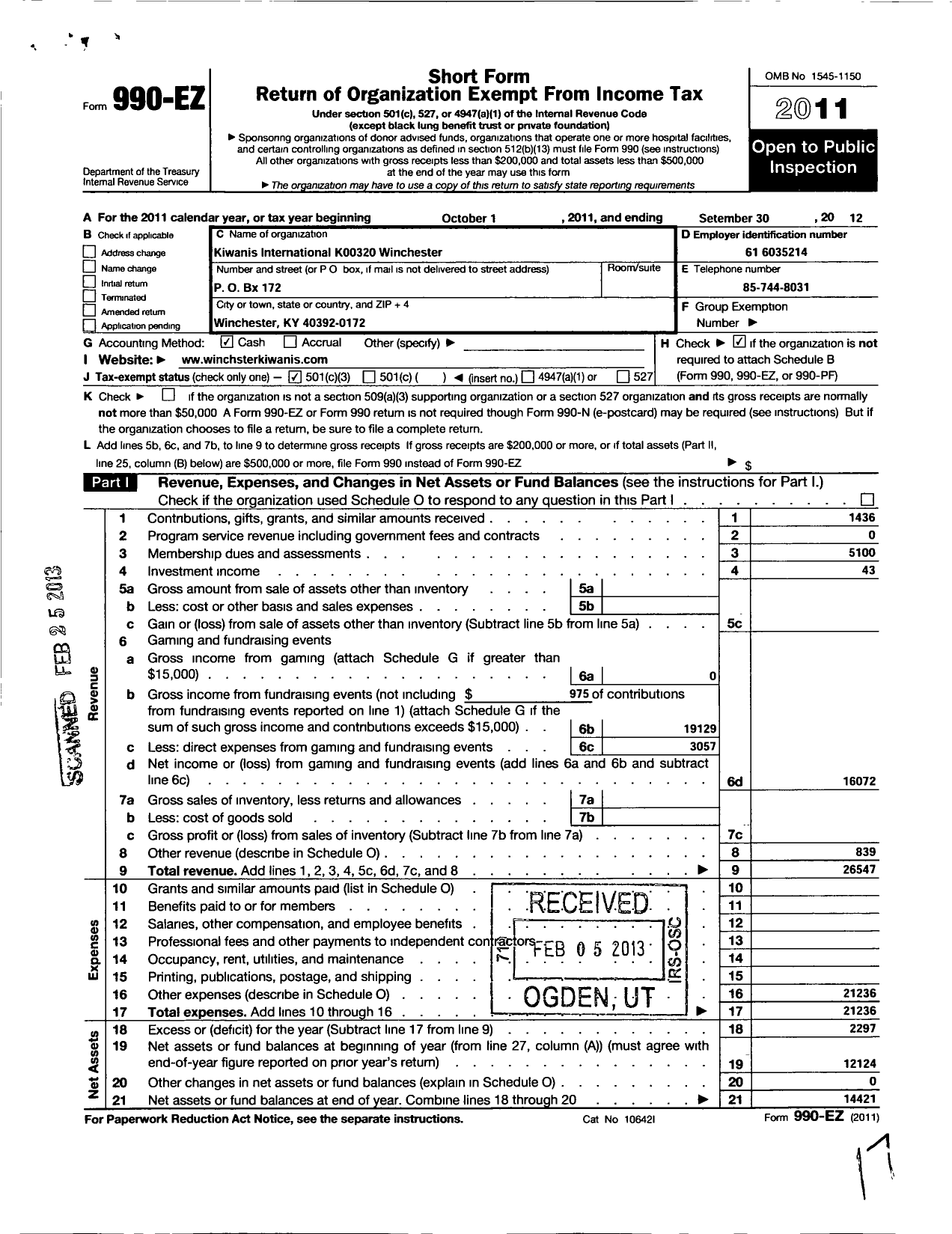 Image of first page of 2011 Form 990EZ for Kiwanis International - K00320 Winchester