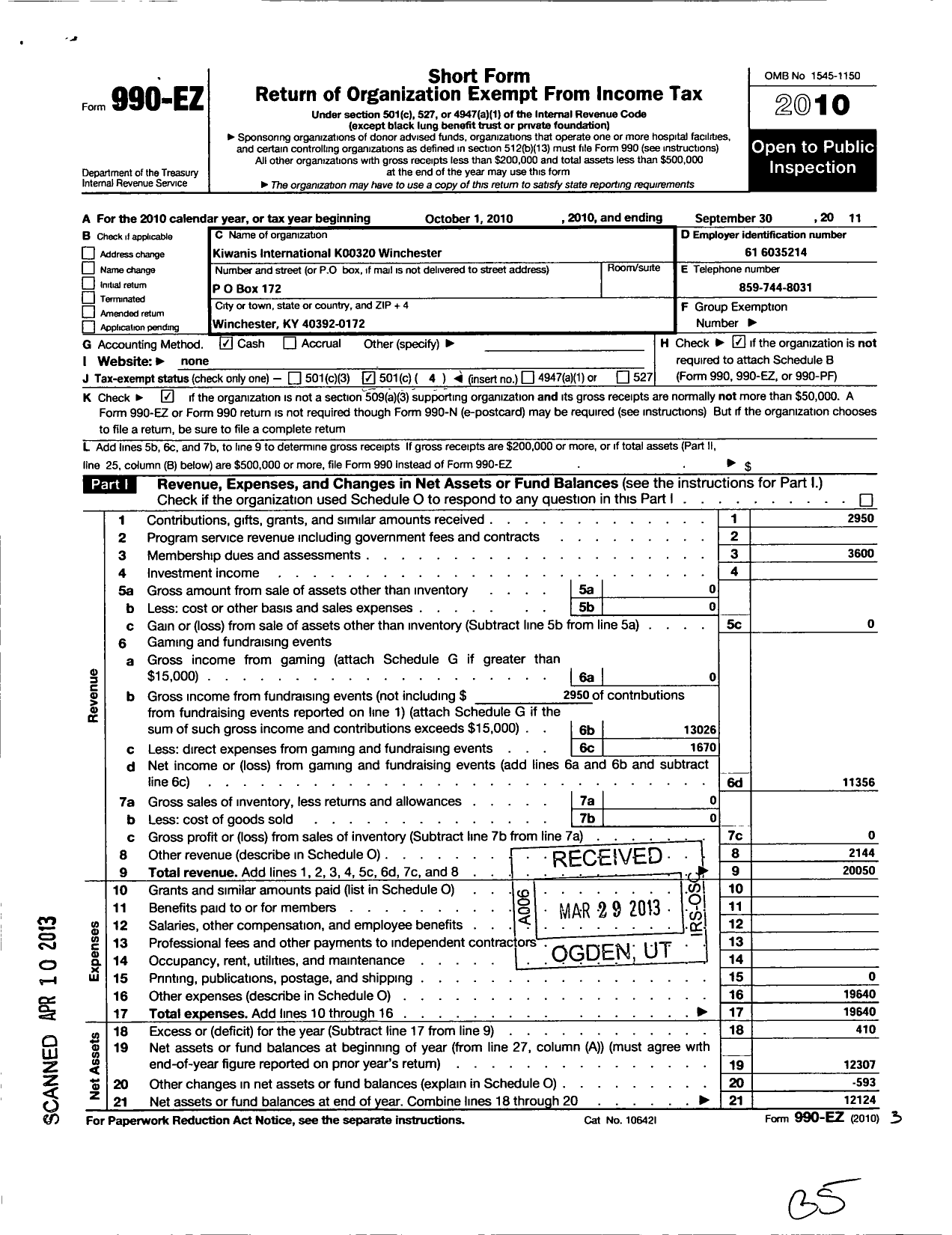 Image of first page of 2010 Form 990EO for Kiwanis International - K00320 Winchester