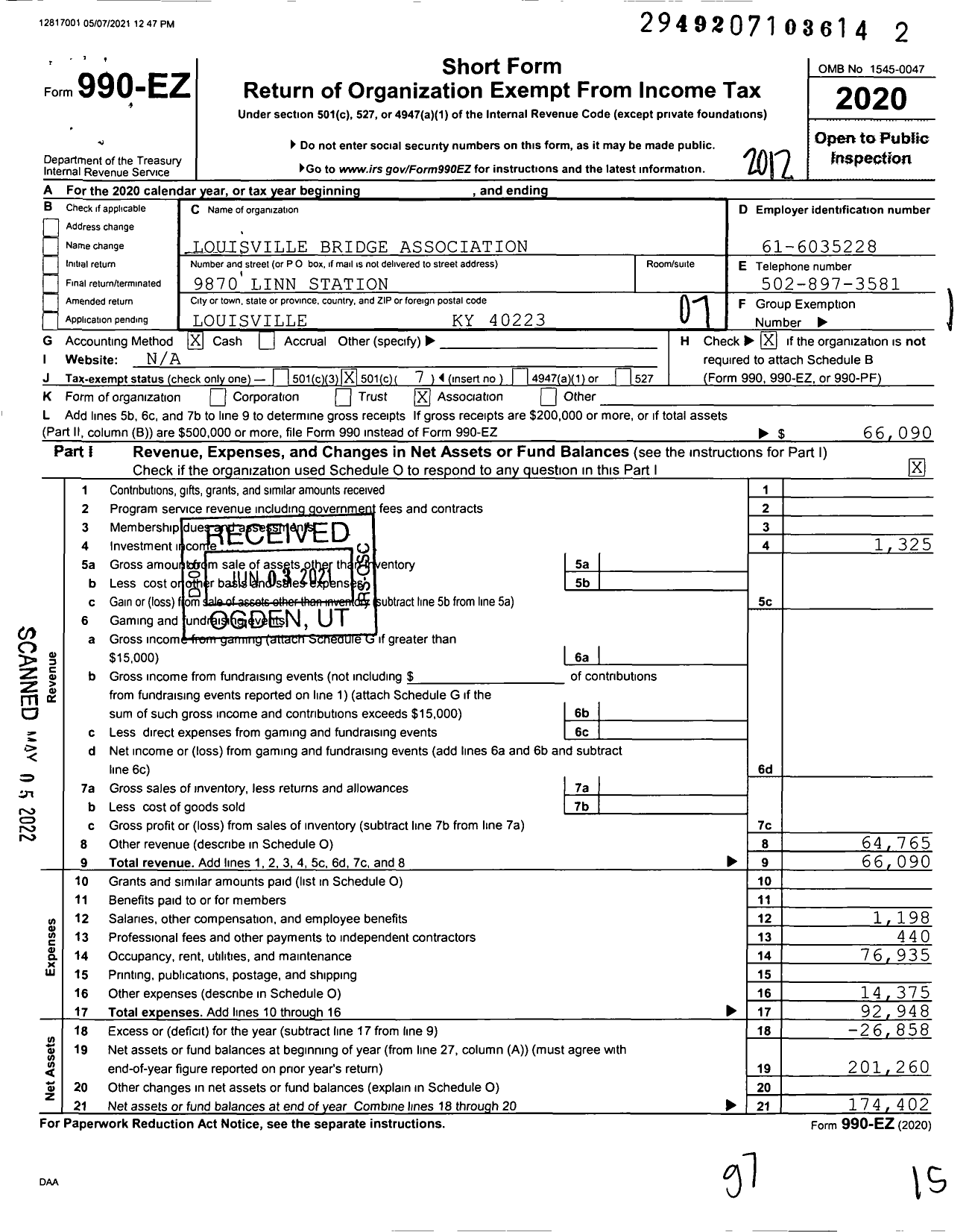 Image of first page of 2020 Form 990EO for Louisville Bridge Association