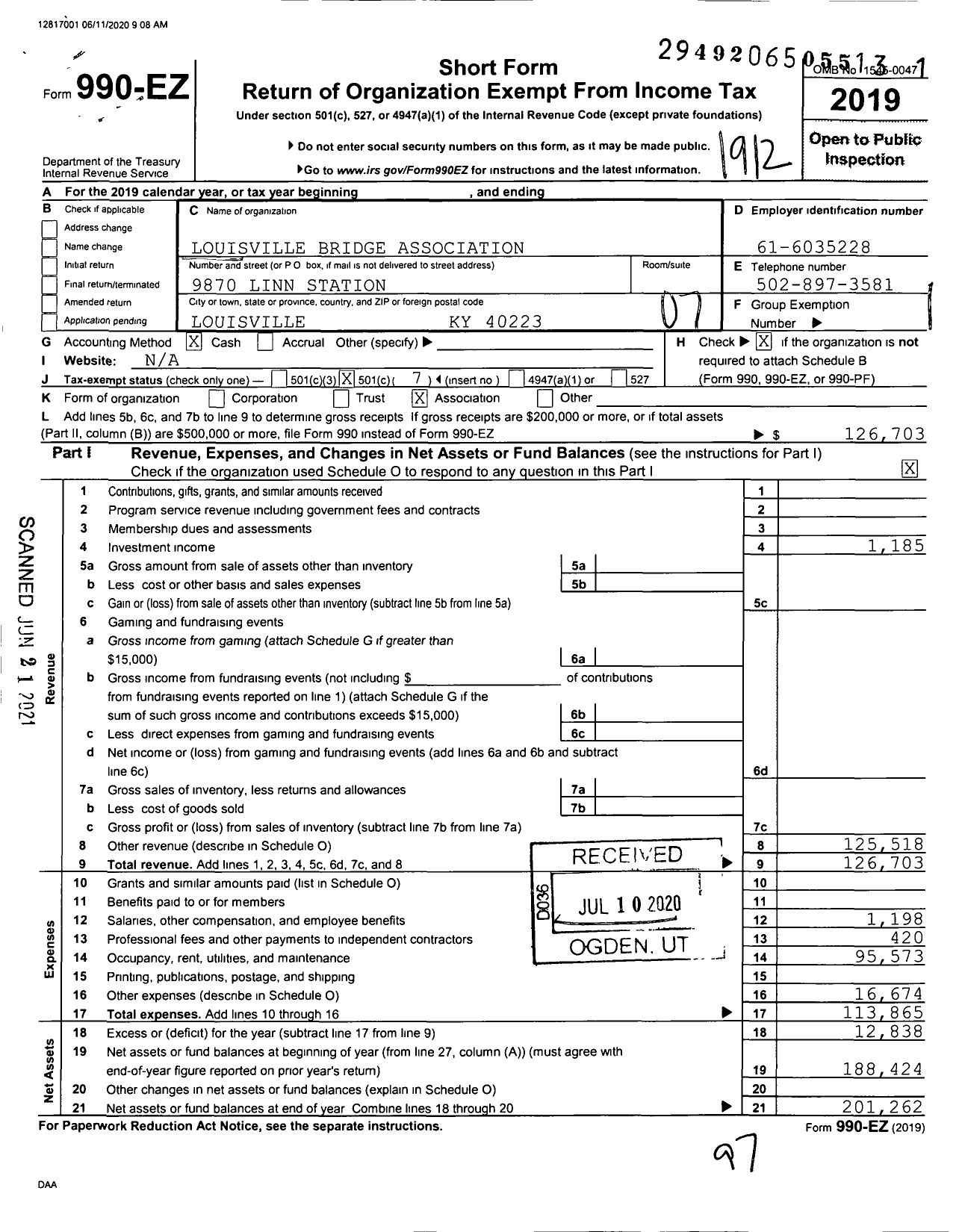 Image of first page of 2019 Form 990EO for Louisville Bridge Association