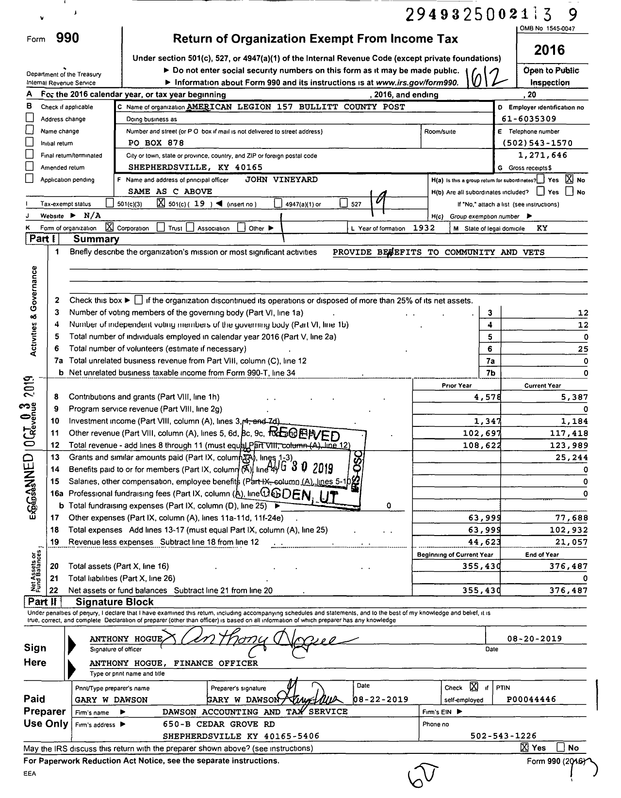 Image of first page of 2016 Form 990O for American Legion - 157 Bullitt Co Post
