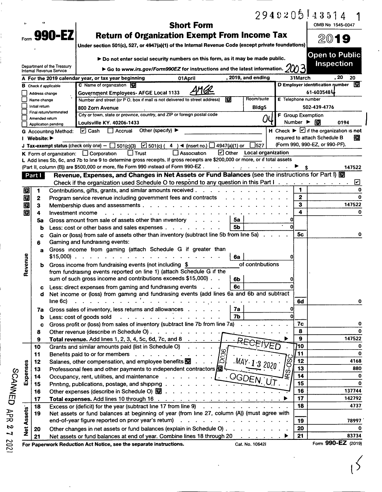 Image of first page of 2019 Form 990EO for American Federation of Government Employees - 1133 Afge Local