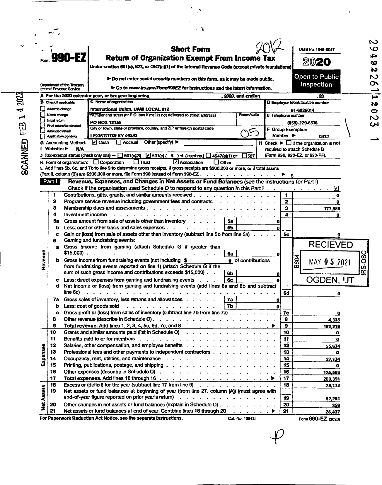 Image of first page of 2020 Form 990EO for International Union UAW LOCAL 912