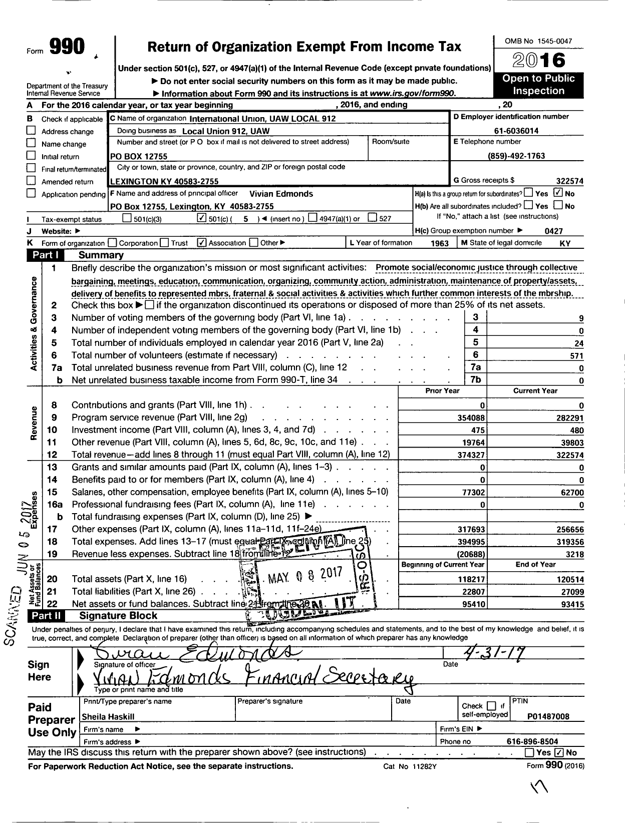 Image of first page of 2016 Form 990O for International Union UAW LOCAL 912