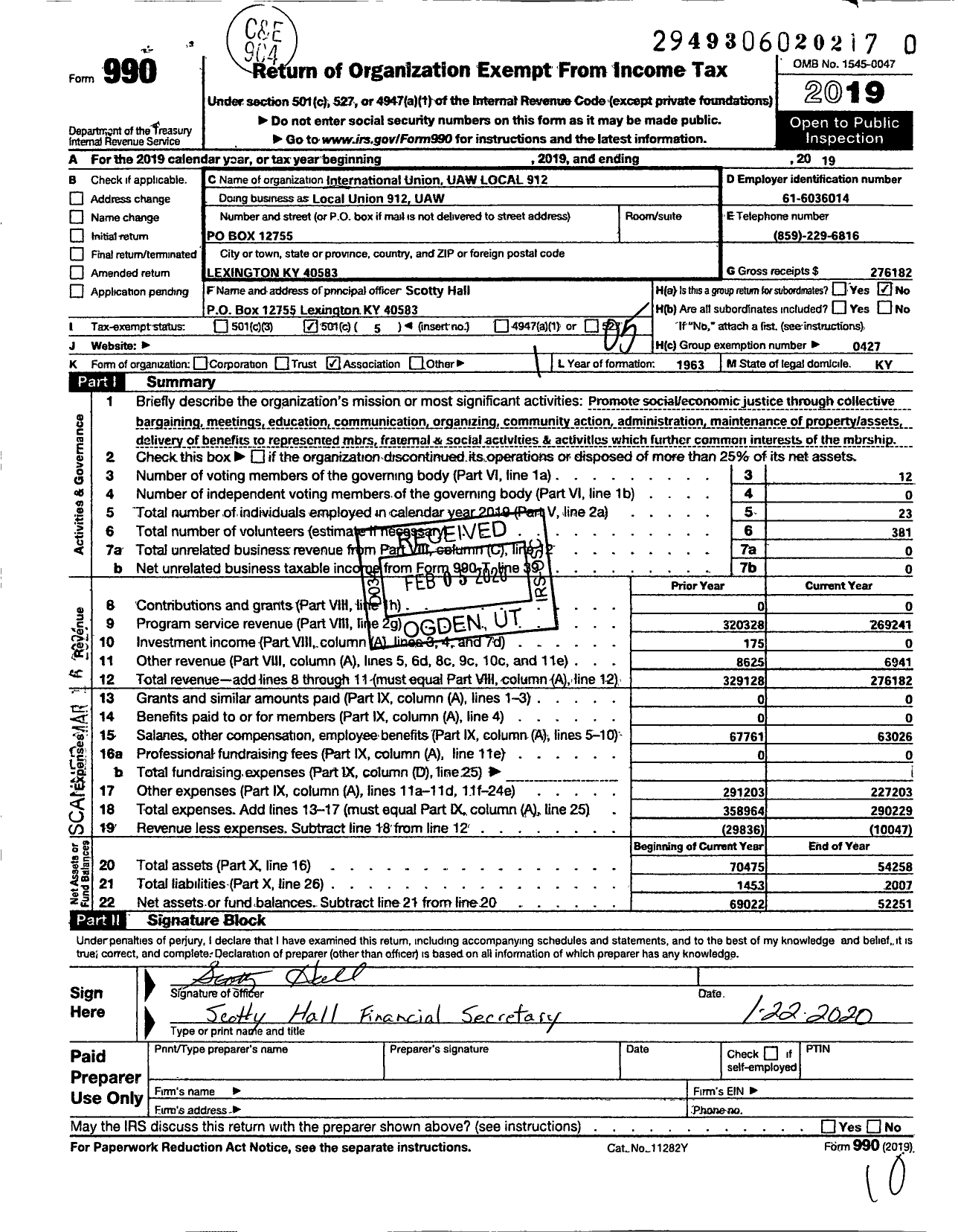 Image of first page of 2019 Form 990O for International Union UAW LOCAL 912