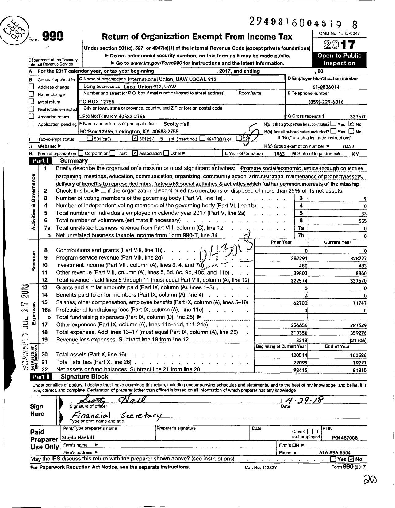 Image of first page of 2017 Form 990O for International Union UAW LOCAL 912