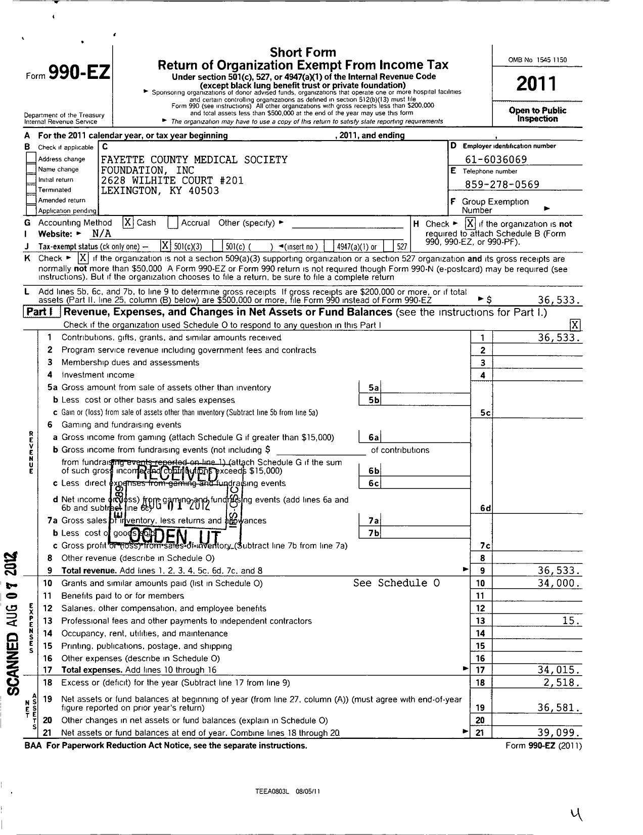 Image of first page of 2011 Form 990EZ for Lexington Medical Society Foundation