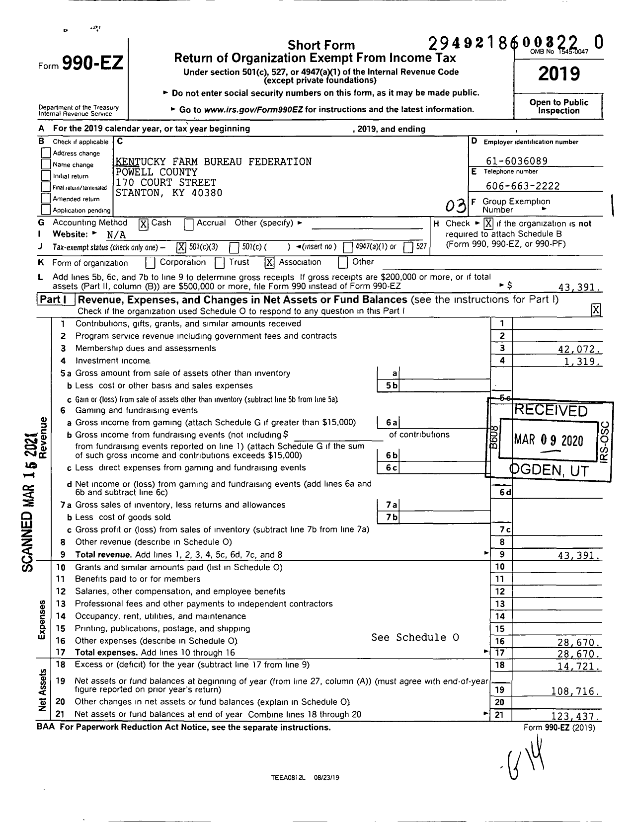 Image of first page of 2019 Form 990EZ for Kentucky Farm Bureau Federation - Powell County Farm Bureau