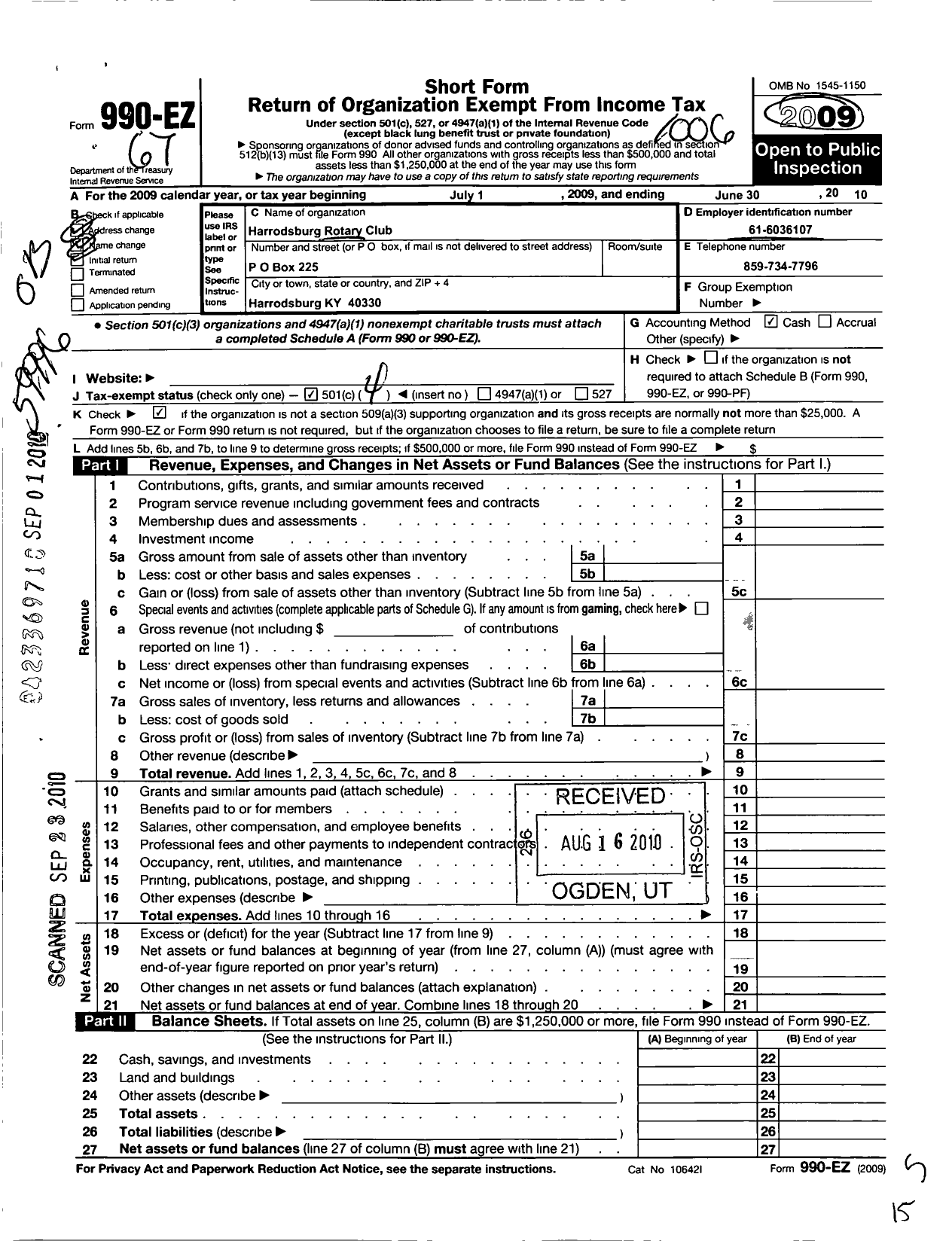 Image of first page of 2009 Form 990EO for Rotary International - Harrodsburg Rotary Club