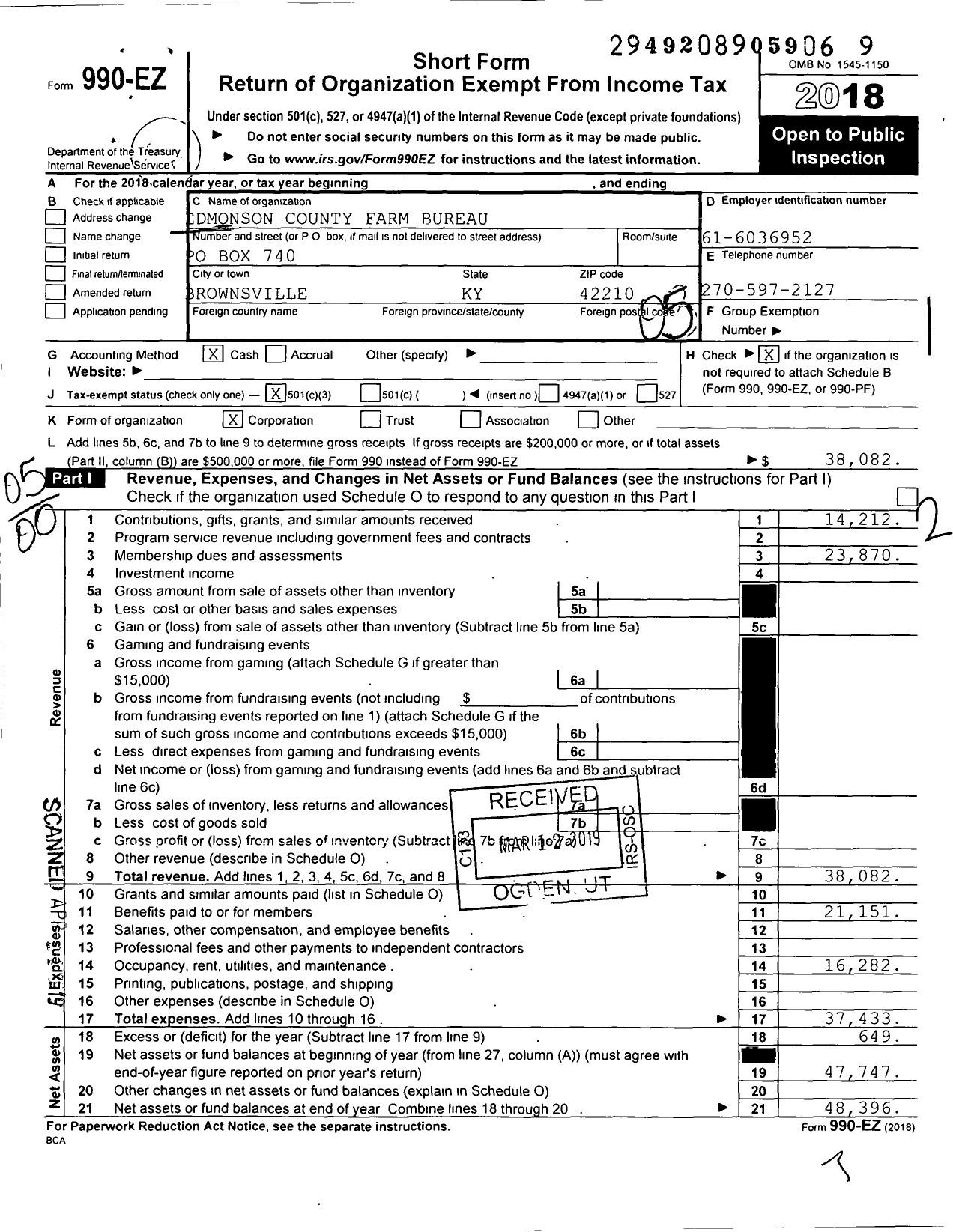 Image of first page of 2018 Form 990EO for Kentucky Farm Bureau Federation - Edmonson County Farm Bureau