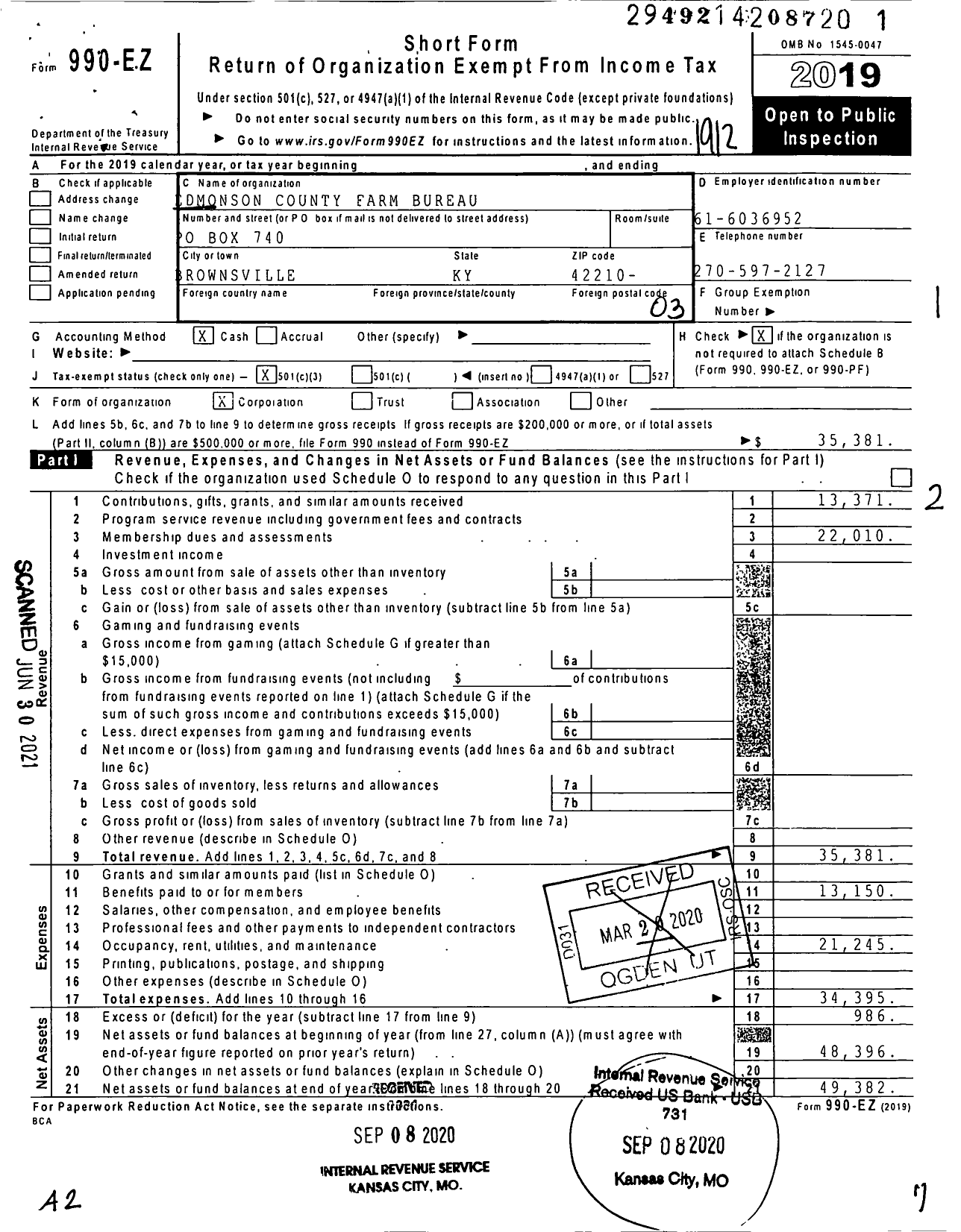 Image of first page of 2019 Form 990EZ for Kentucky Farm Bureau Federation - Edmonson County Farm Bureau