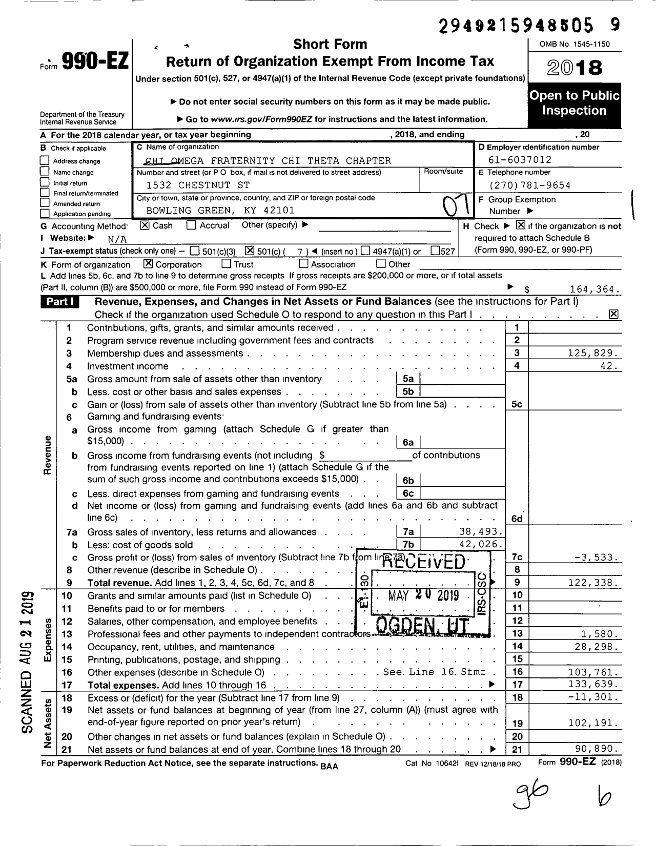 Image of first page of 2018 Form 990EO for Chi Omega Fraternity - Chi Theta Chapter