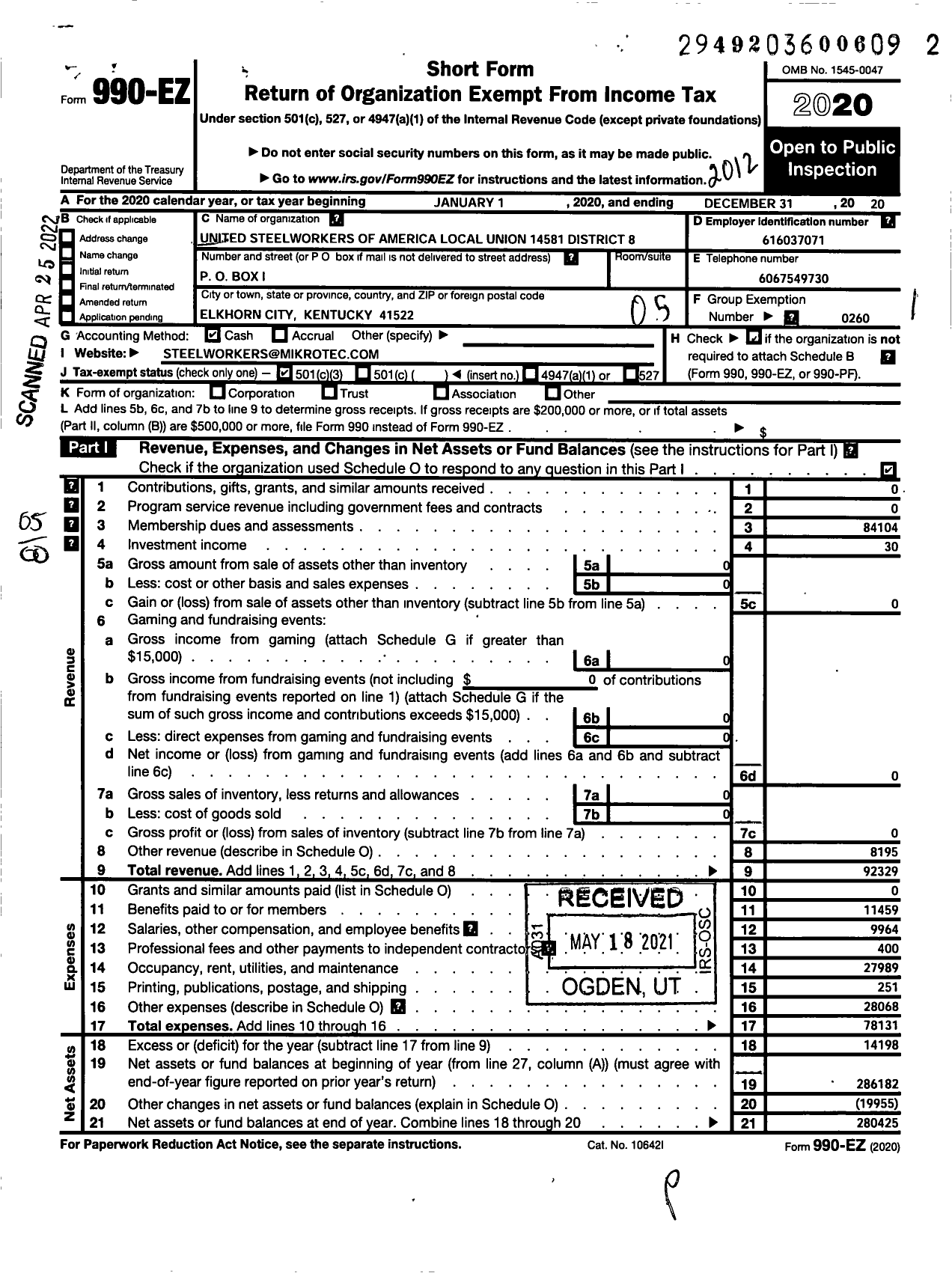 Image of first page of 2020 Form 990EO for United Steelworkers - 14581 Local District 8