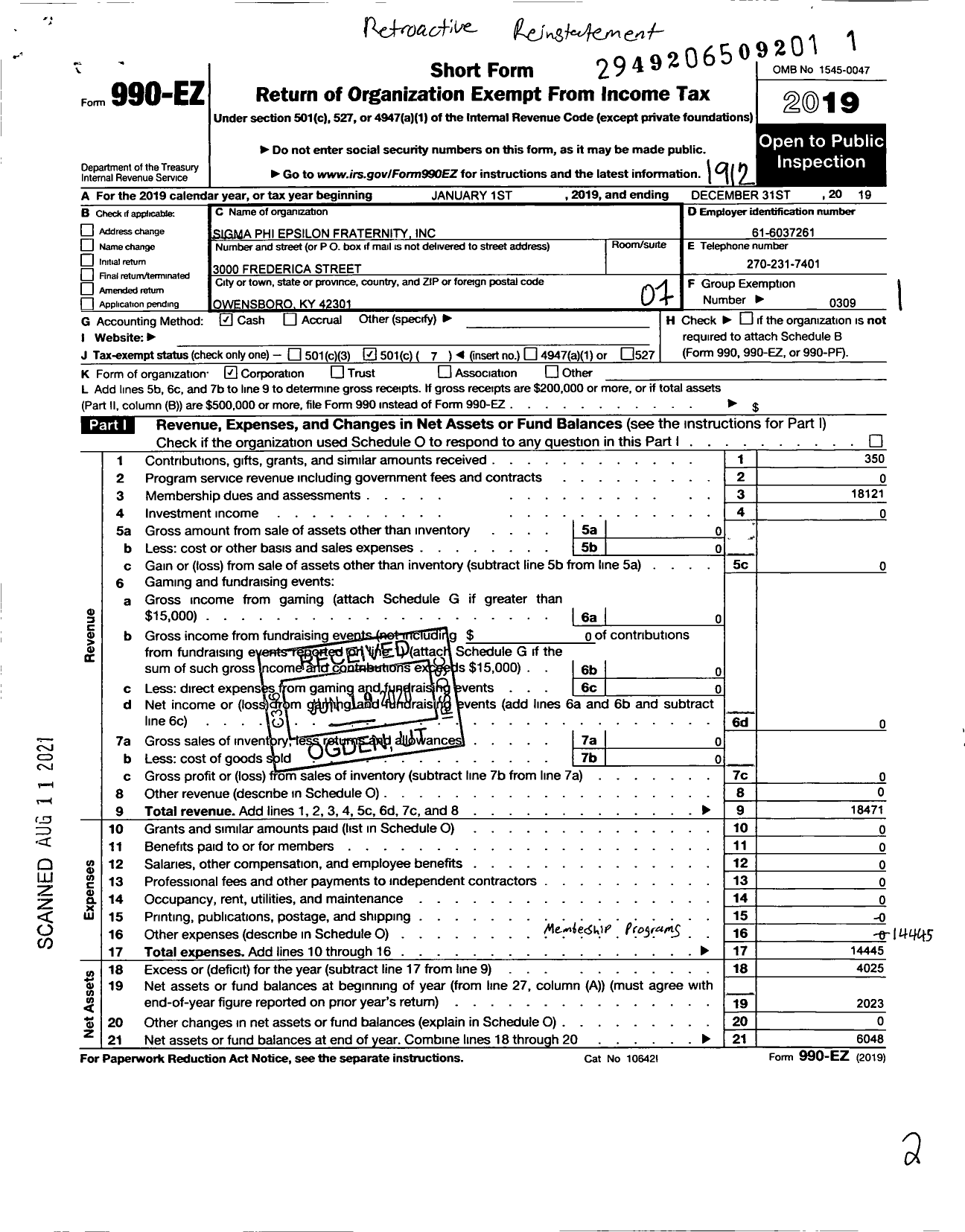 Image of first page of 2019 Form 990EO for Kentucky Gamma Chapter of the Sigma Phi Epsilon Fraternity