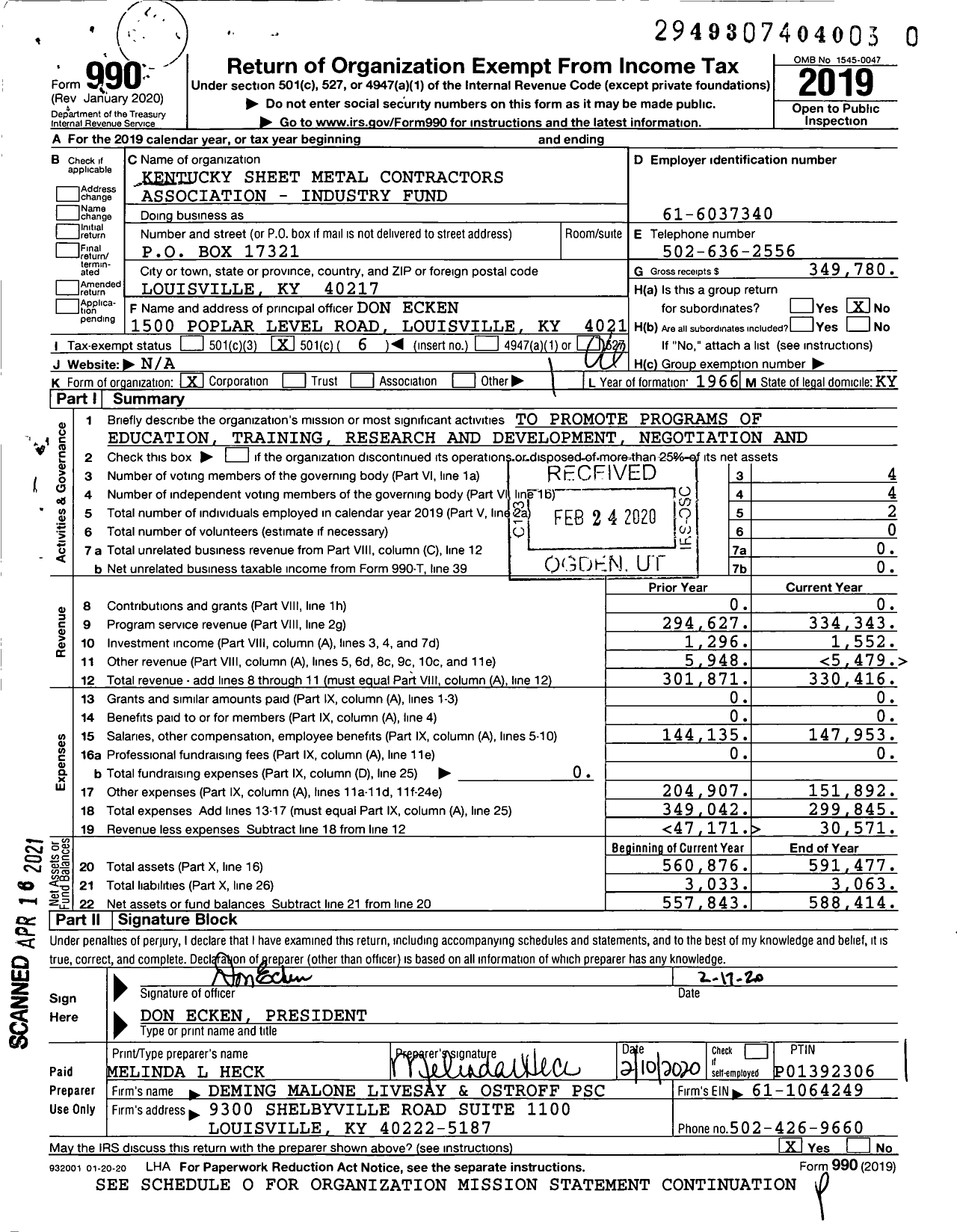 Image of first page of 2019 Form 990O for Kentucky Sheet Metal Contractors Association - Industry Fund