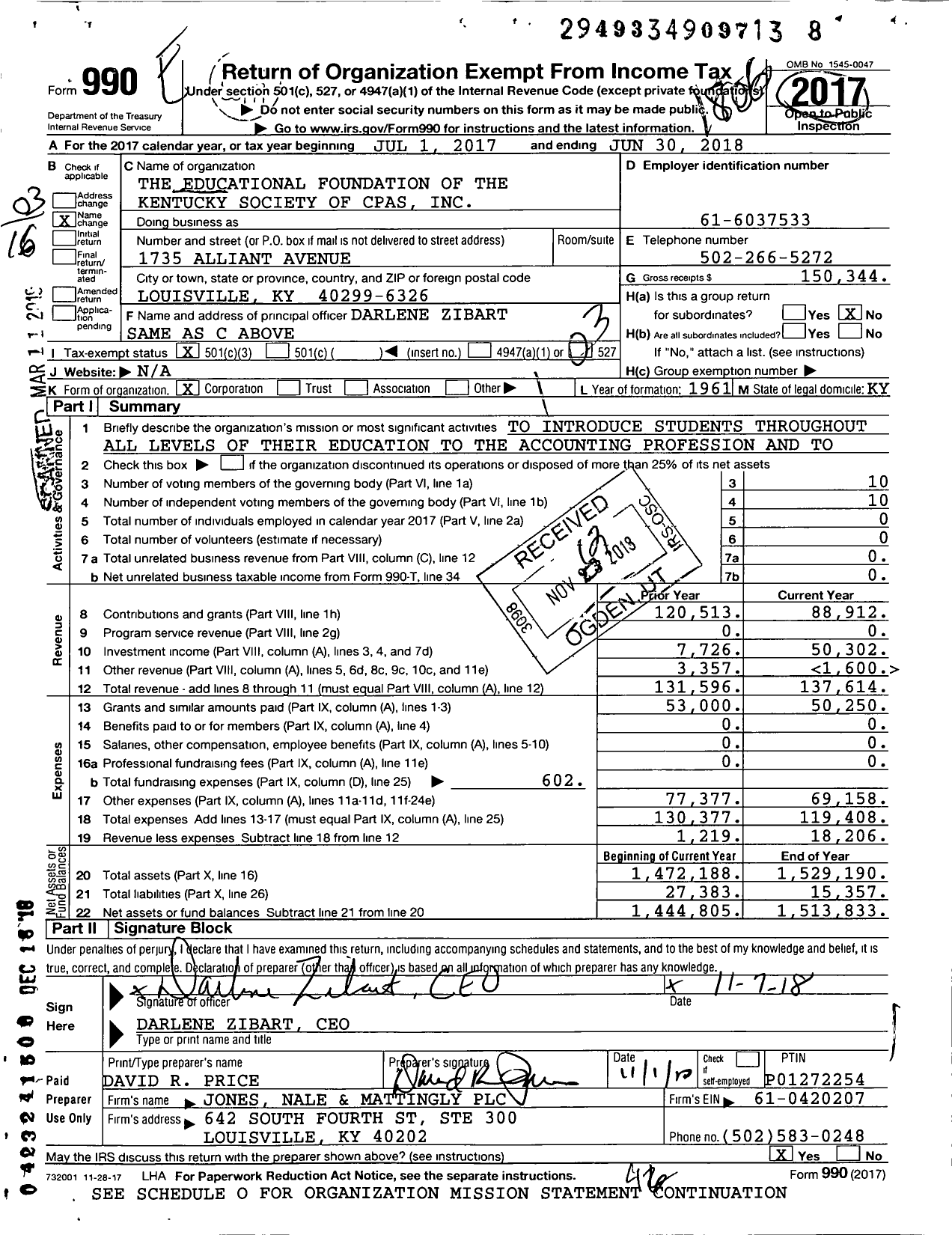 Image of first page of 2017 Form 990 for The Educational Foundation of the Kentucky Society of Cpas