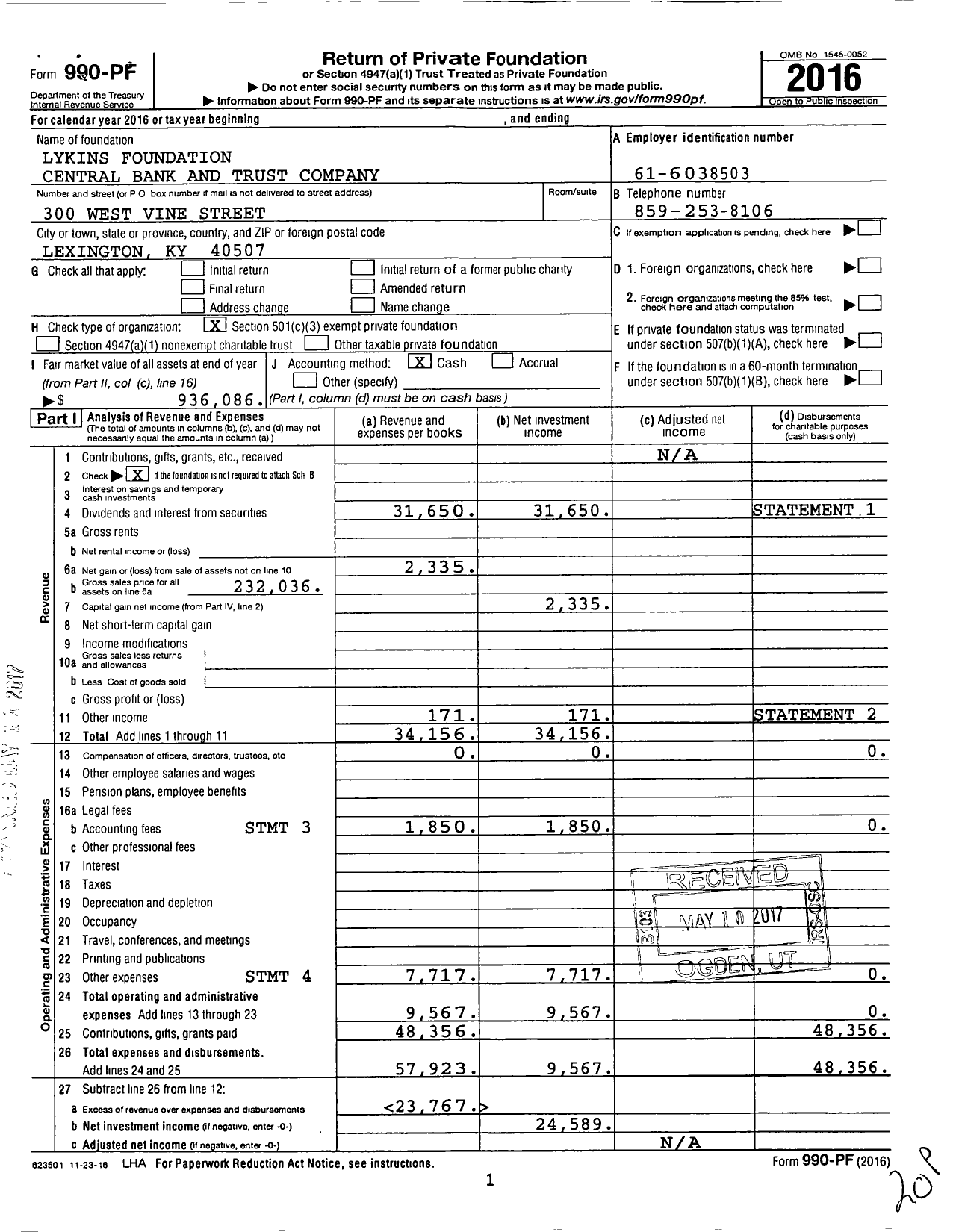 Image of first page of 2016 Form 990PF for Lykins Foundation Central Bank and Trust Company