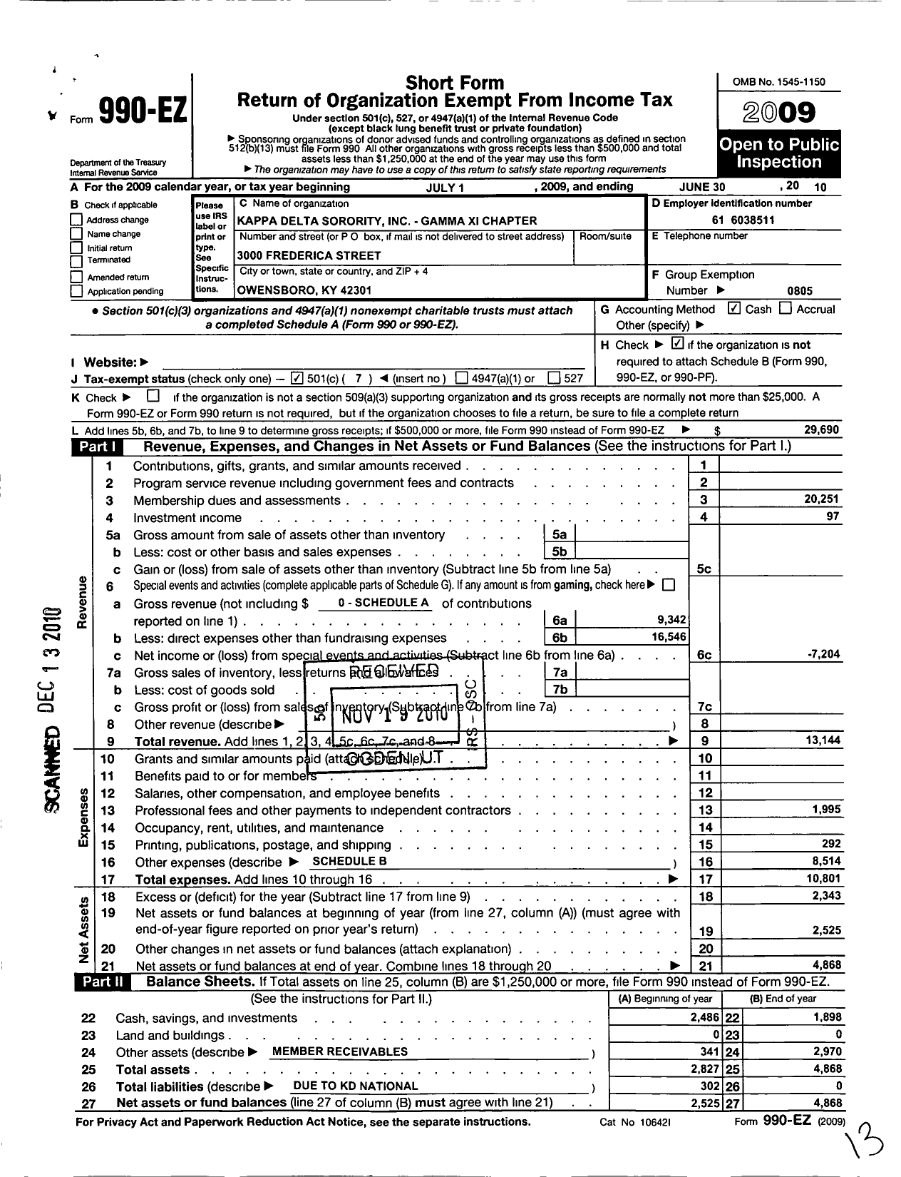 Image of first page of 2009 Form 990EO for Kappa Delta Sorority - Gamma Xi