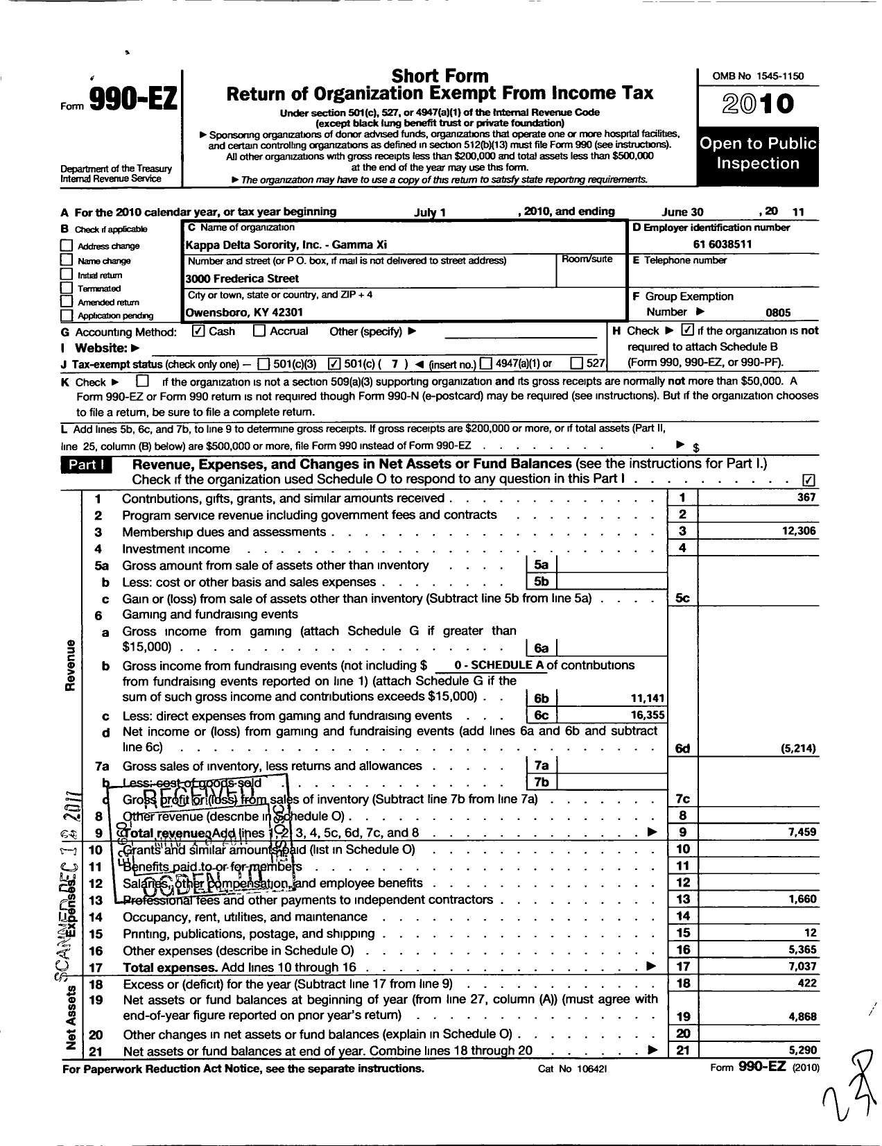 Image of first page of 2010 Form 990EO for Kappa Delta Sorority - Gamma Xi