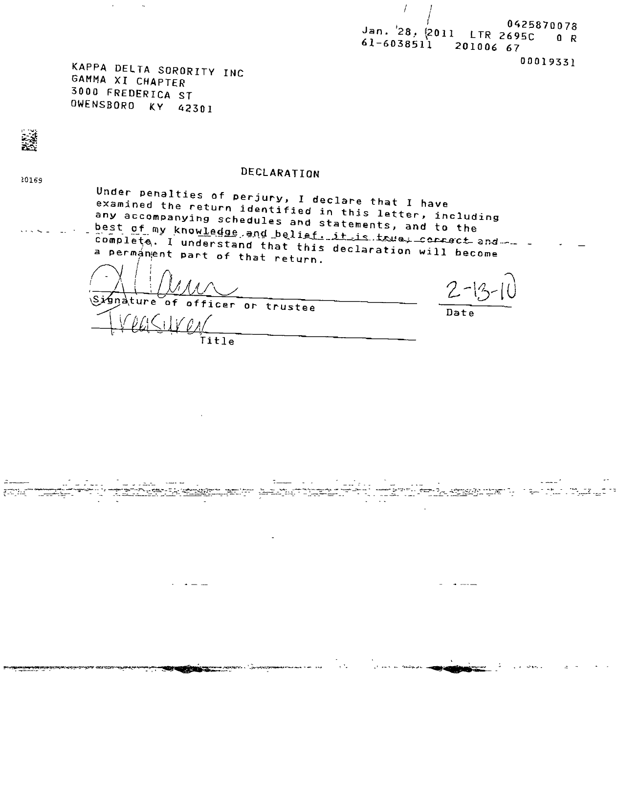 Image of first page of 2009 Form 990EOR for Kappa Delta Sorority - Gamma Xi