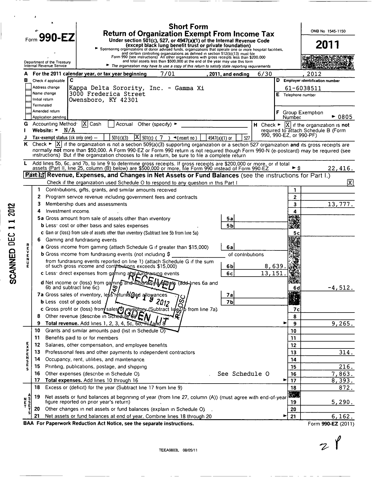 Image of first page of 2011 Form 990EO for Kappa Delta Sorority - Gamma Xi