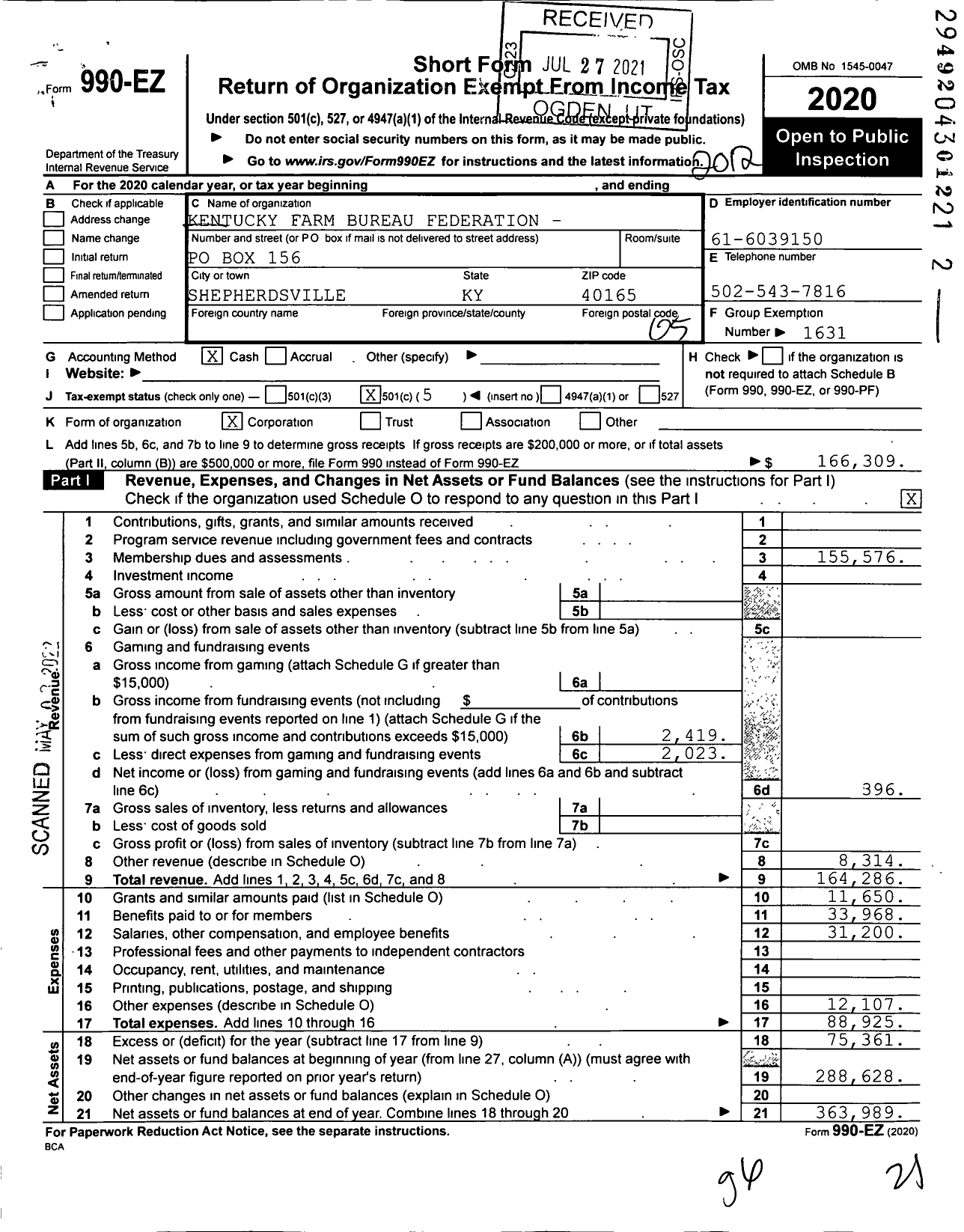 Image of first page of 2020 Form 990EO for Kentucky Farm Bureau Federation - Bullitt