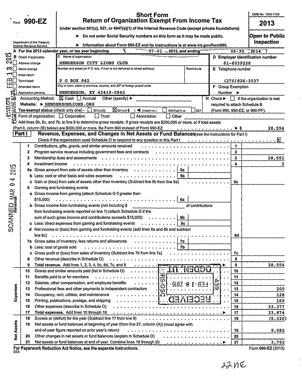 Image of first page of 2013 Form 990EO for Lions Clubs - 13925 Henderson