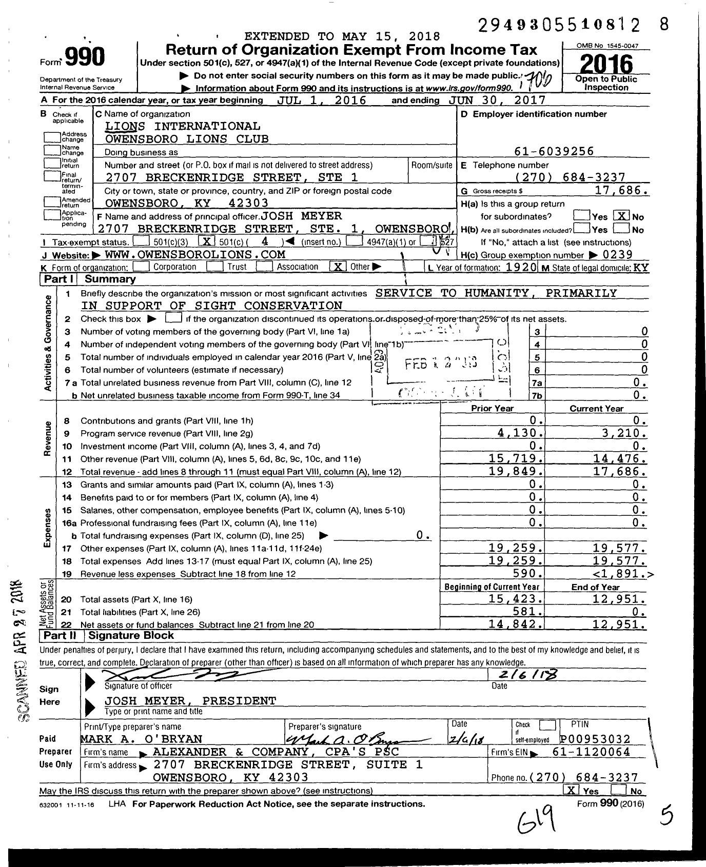 Image of first page of 2016 Form 990O for Lions Clubs - 13979 Owensboro