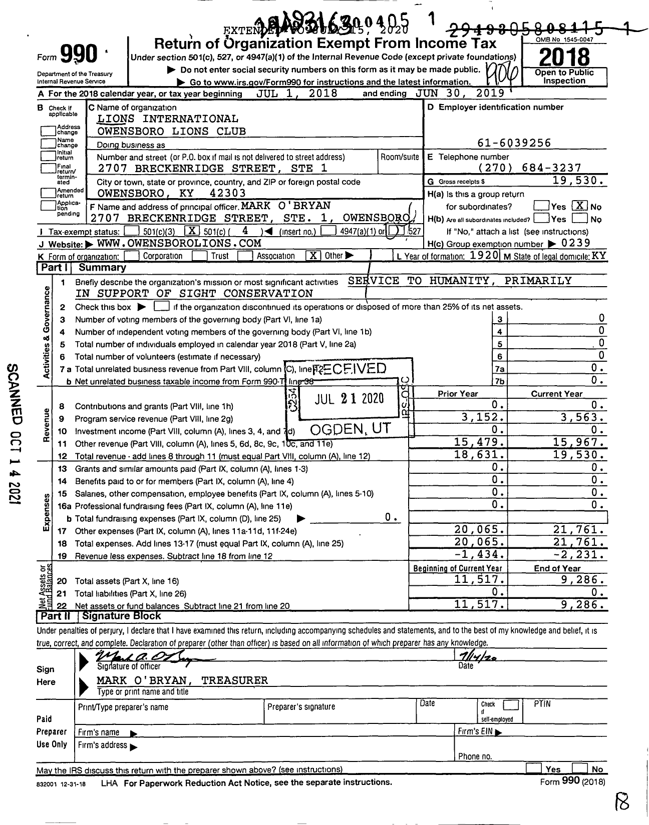 Image of first page of 2018 Form 990O for Lions Clubs - 13979 Owensboro