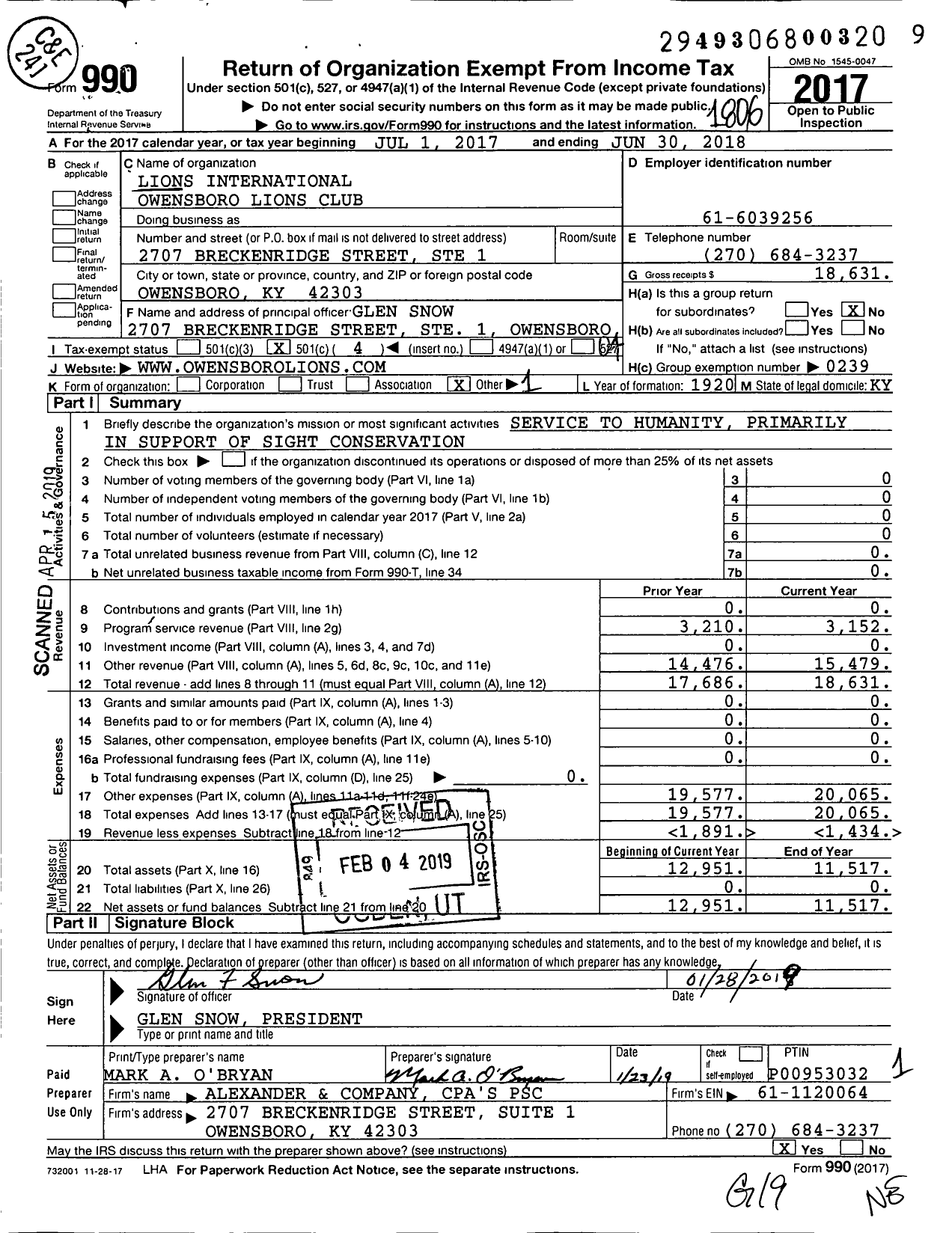 Image of first page of 2017 Form 990O for Lions Clubs - 13979 Owensboro