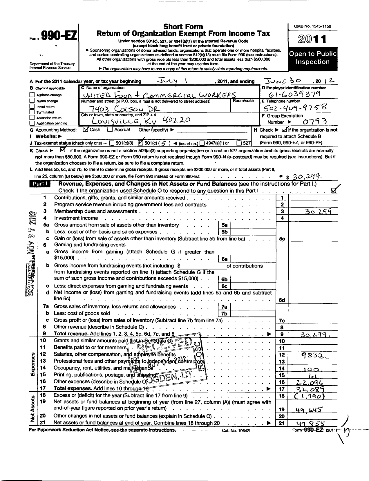 Image of first page of 2011 Form 990EO for United Food & Commercial Workers Union - 663c Local