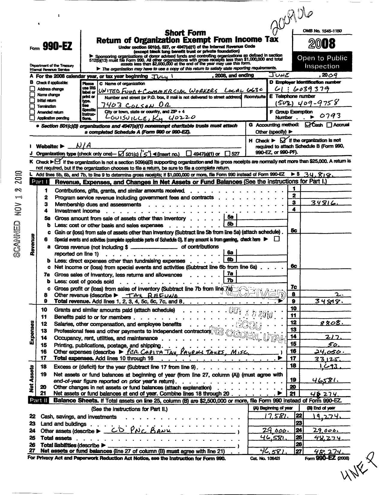 Image of first page of 2008 Form 990EO for United Food & Commercial Workers Union - 663c Local