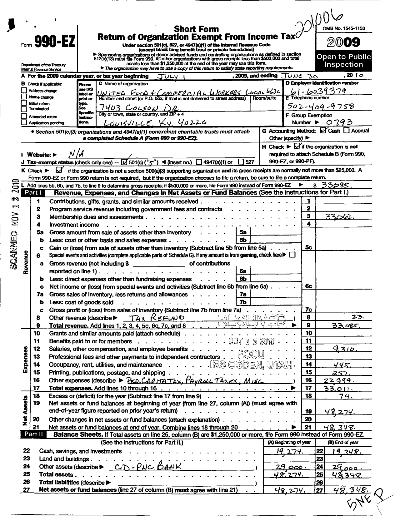 Image of first page of 2009 Form 990EO for United Food & Commercial Workers Union - 663c Local