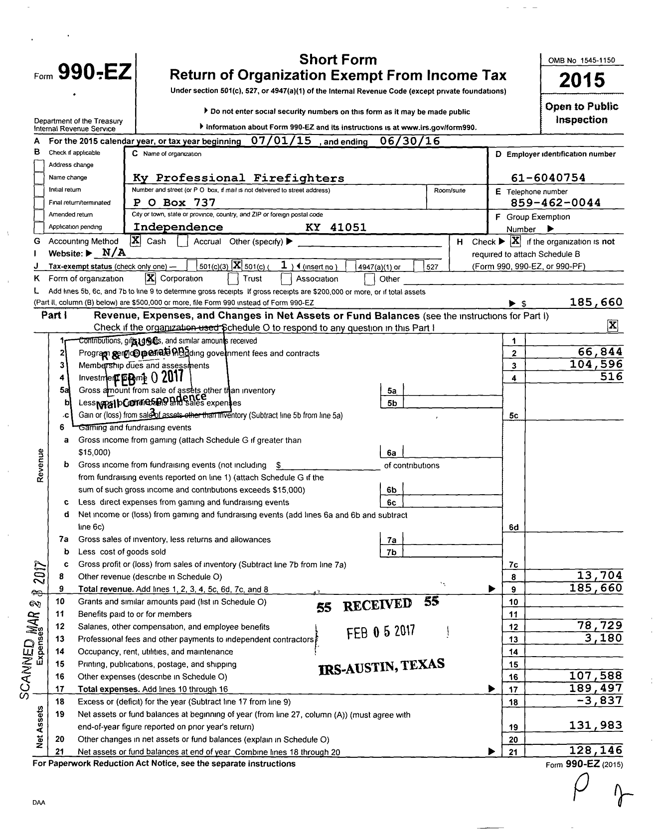 Image of first page of 2015 Form 990EO for International Association of Fire Fighters - 16 A Kentucky Prof Fire Fighters