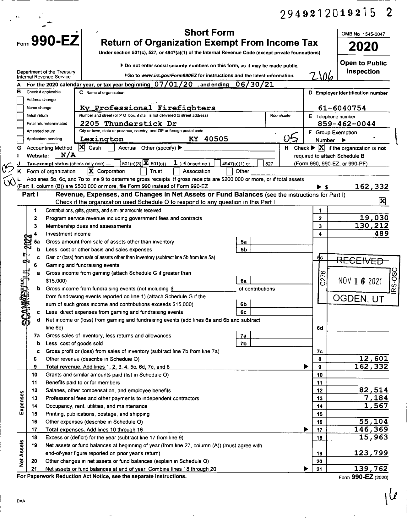 Image of first page of 2020 Form 990EO for International Association of Fire Fighters - 16 A Kentucky Prof Fire Fighters